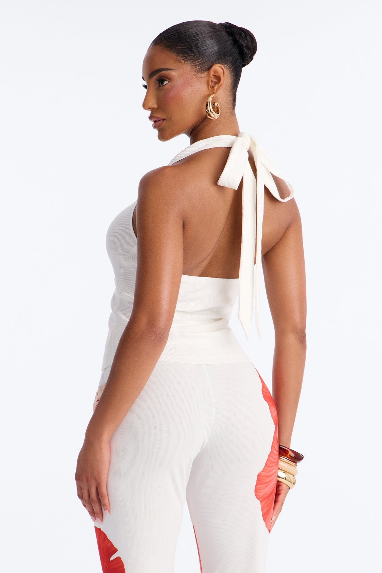 Haley Hardware Ruched Ribbed Halter Top - White