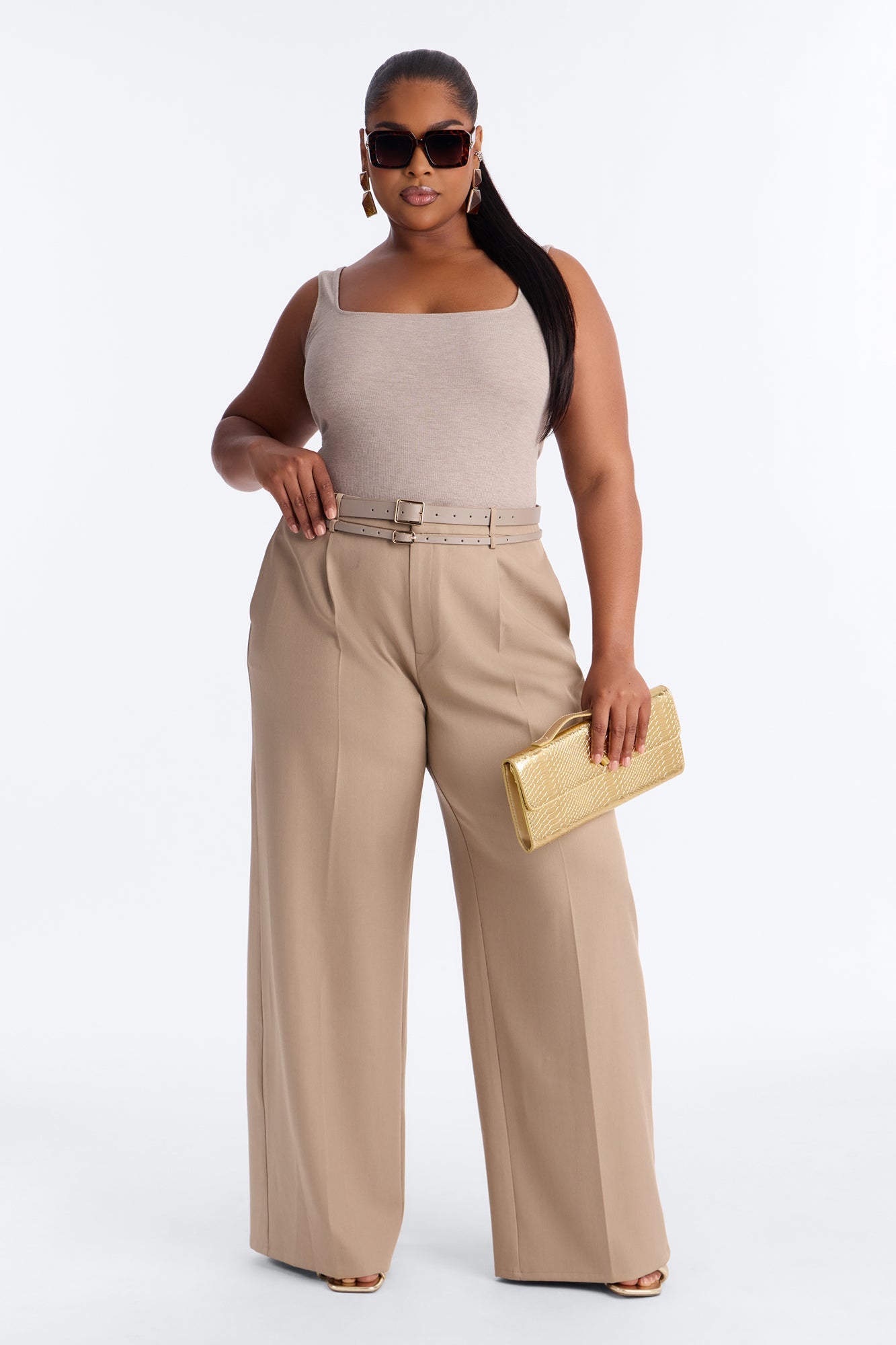 Geraldine Belted Wide Leg Trousers 33″ - Camel