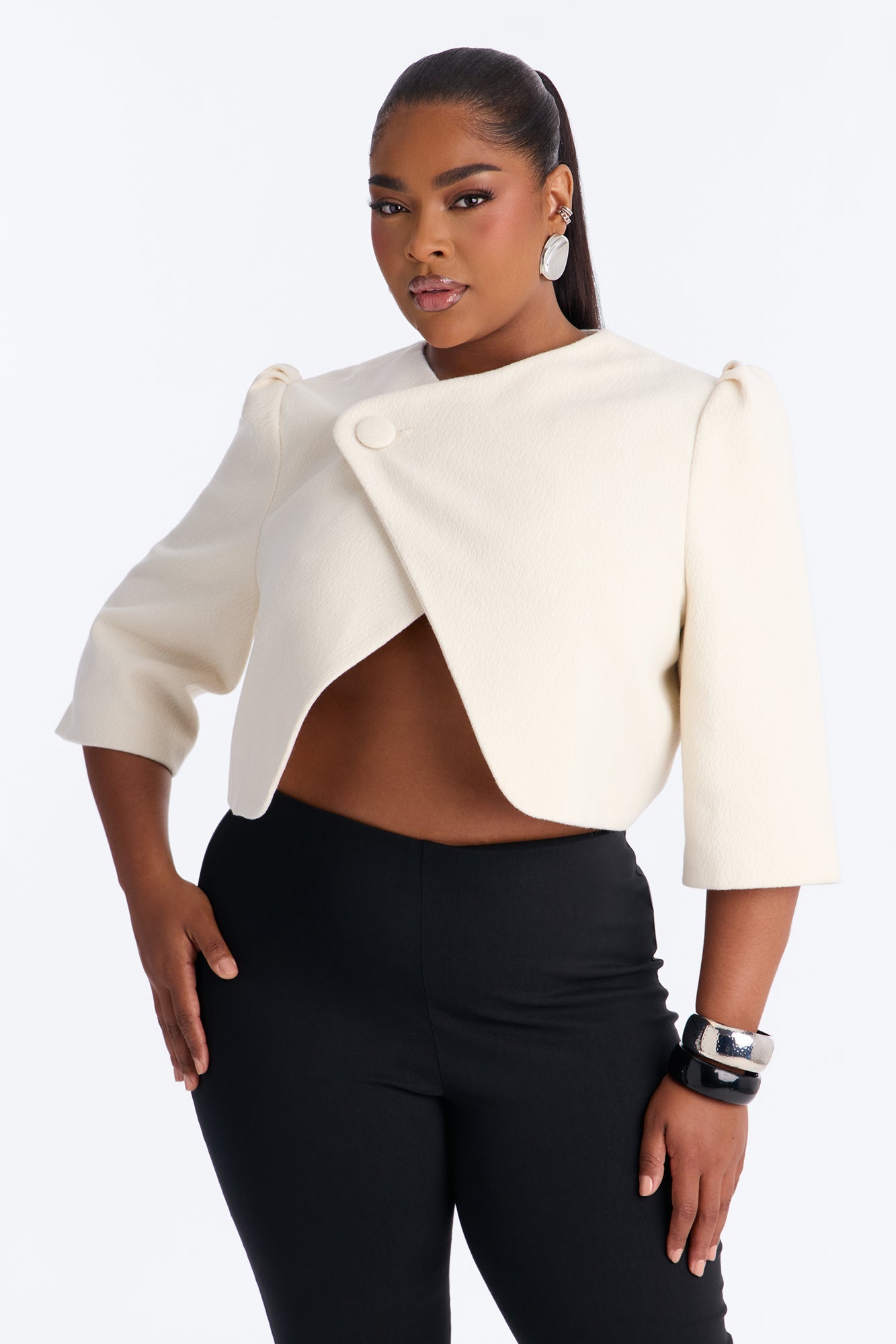 Kate Cropped Short Sleeve Crossover Blazer - White