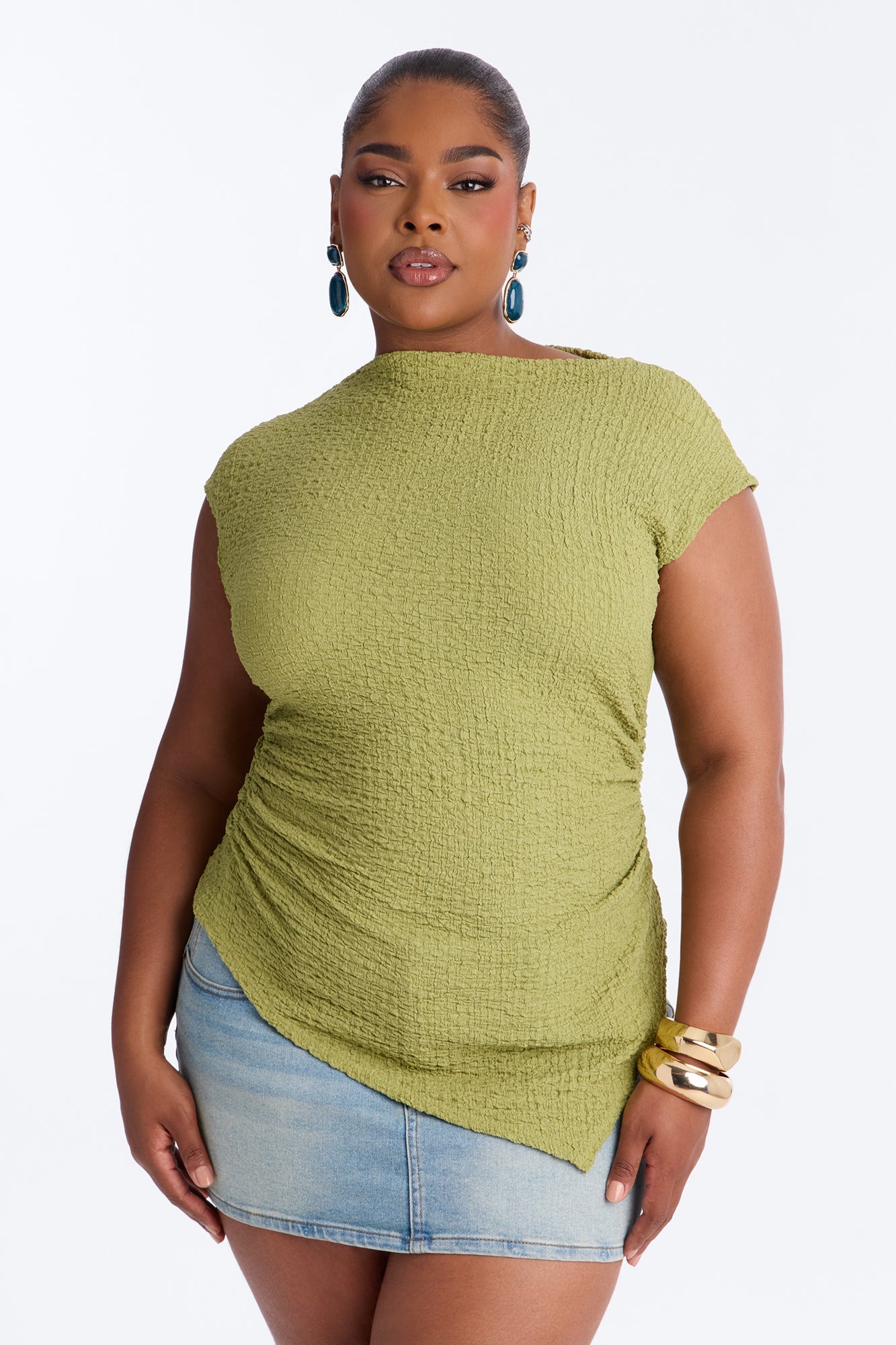 Isla Textured Mock Neck Asymmetrical Short Sleeve Top - Sage