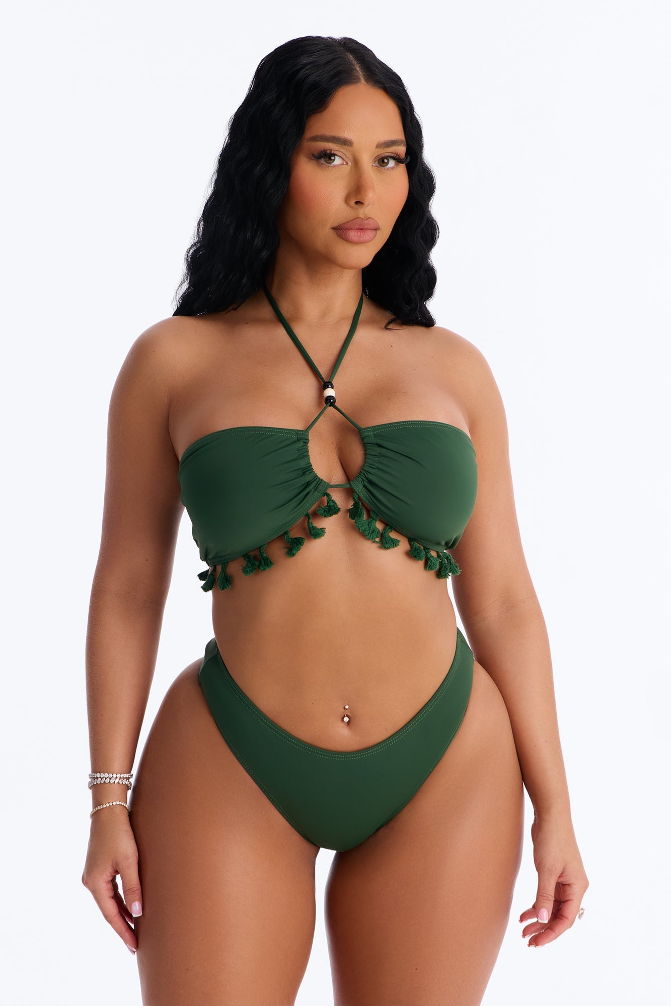 Soaking It In 3 Piece Tassel Bandeau Bikini & Cover Up Sarong Sunsuit - Olive