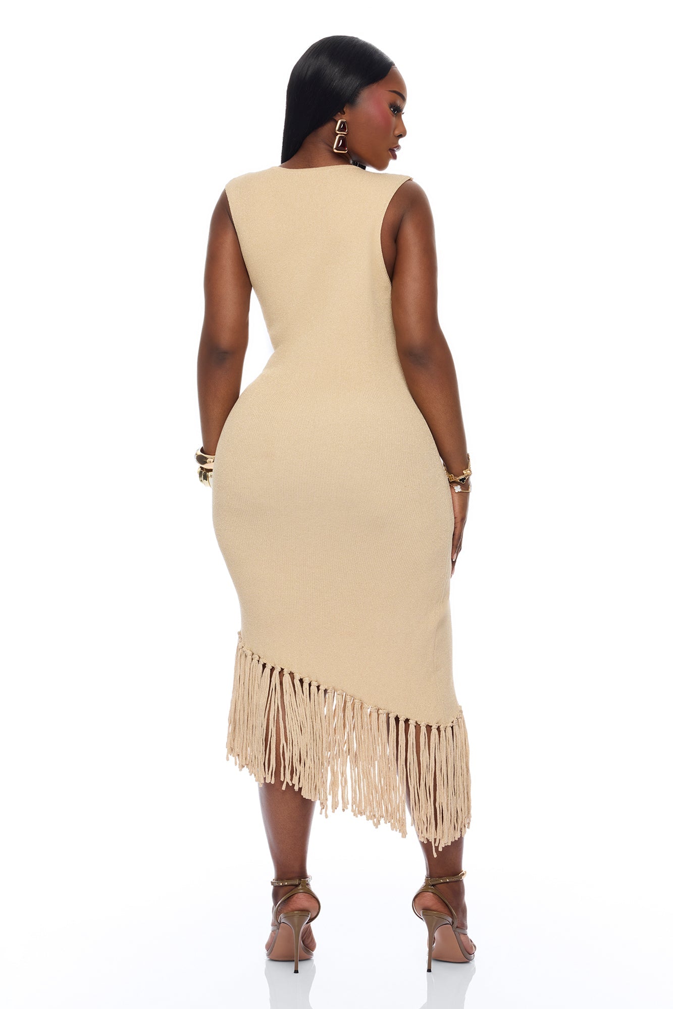 Mariah Fringe Metallic Knit Midi Dress - Gold