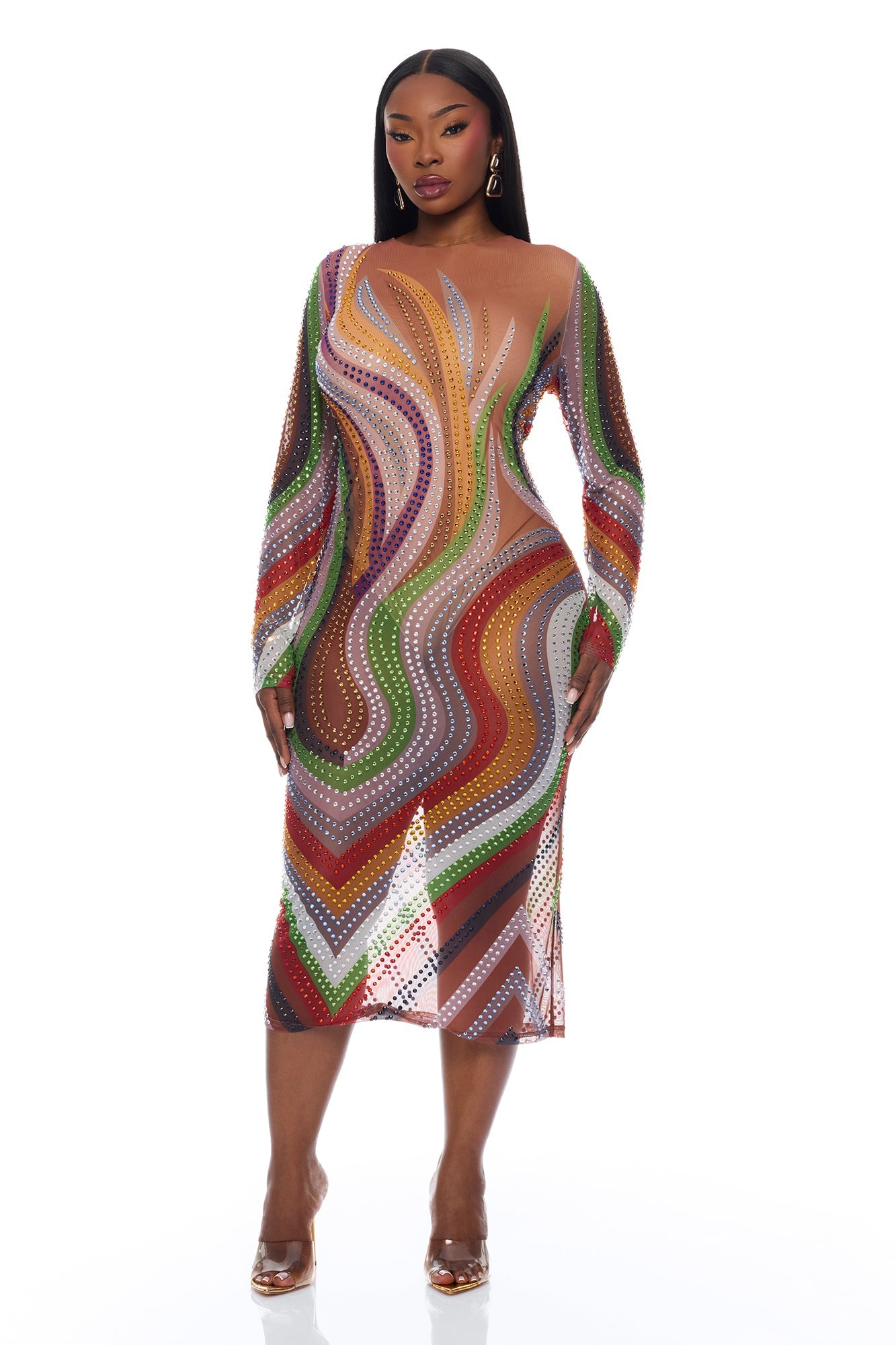 Zarah Long Sleeve Rhinestone Midi Dress - Multi Color