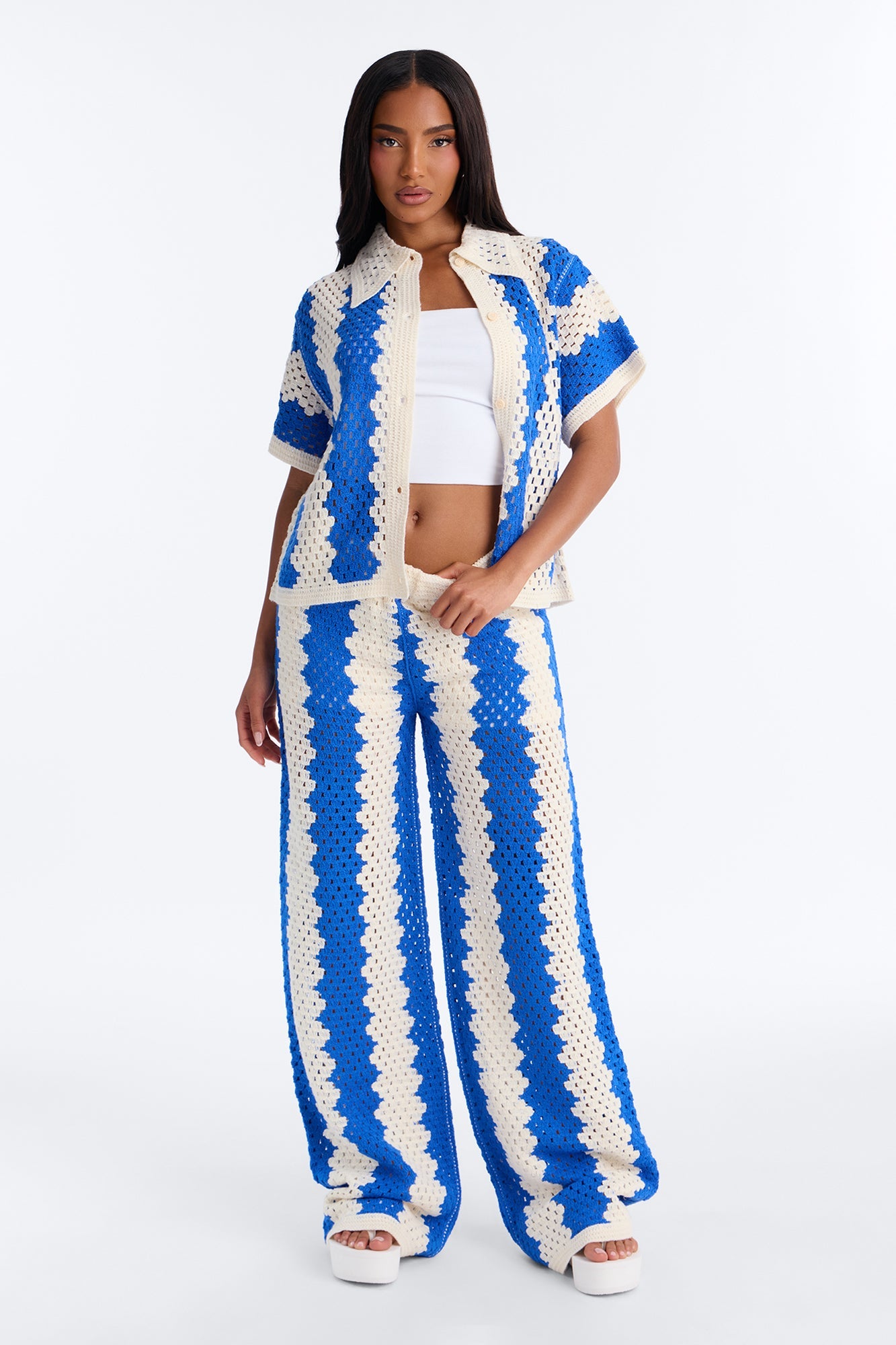 Shoreline Symphony Crochet Pant Set - Blue/combo