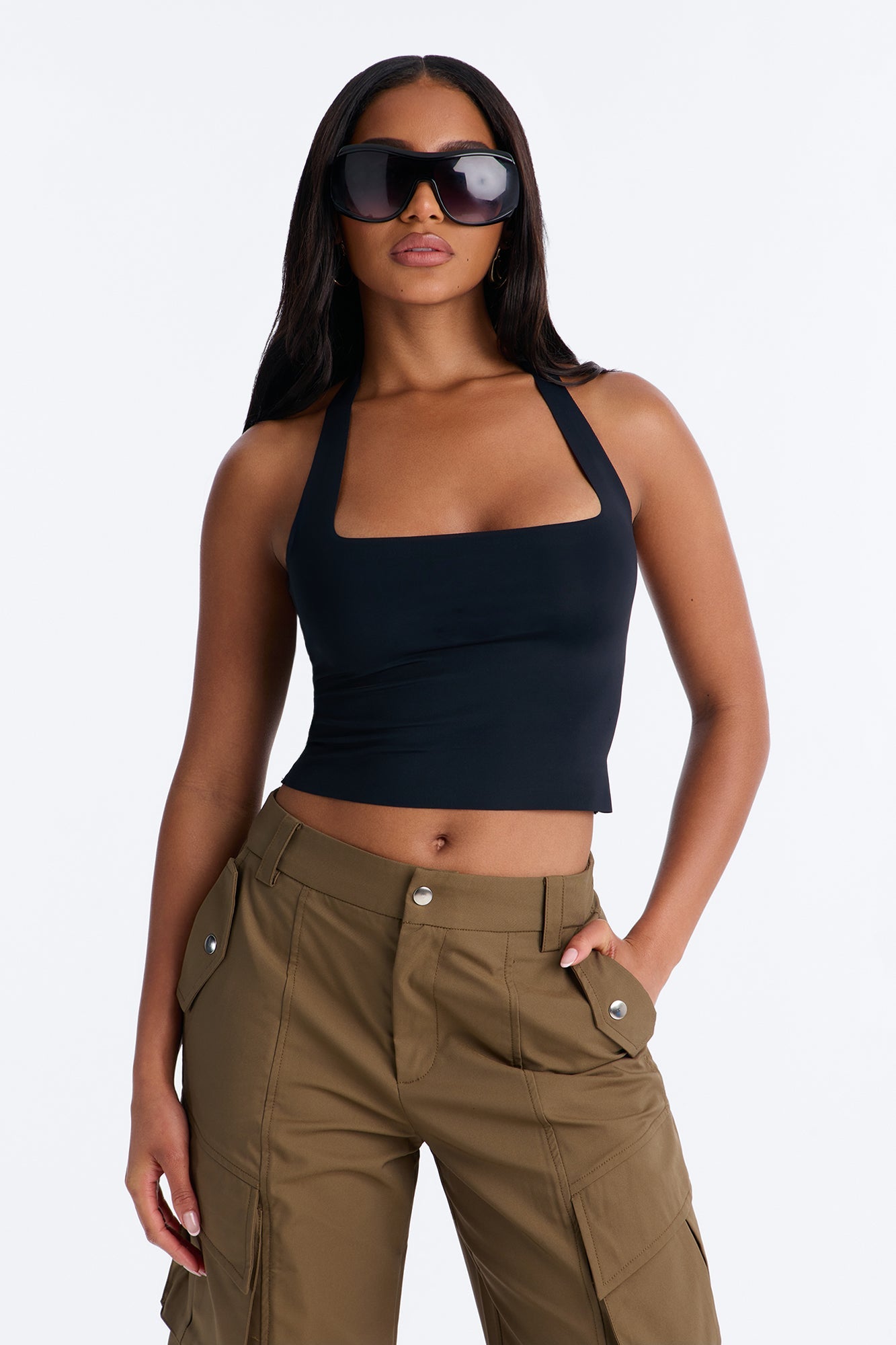 Serena Double Lined Square Neck Seamless Halter Top - Black