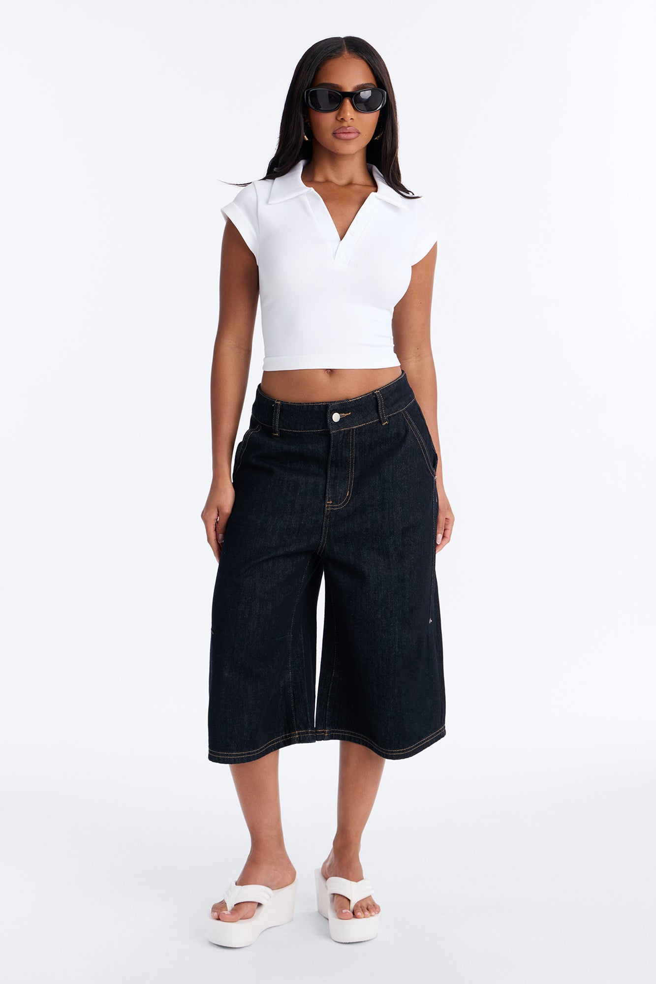Camila Cap Sleeve Basic Polo Top - White