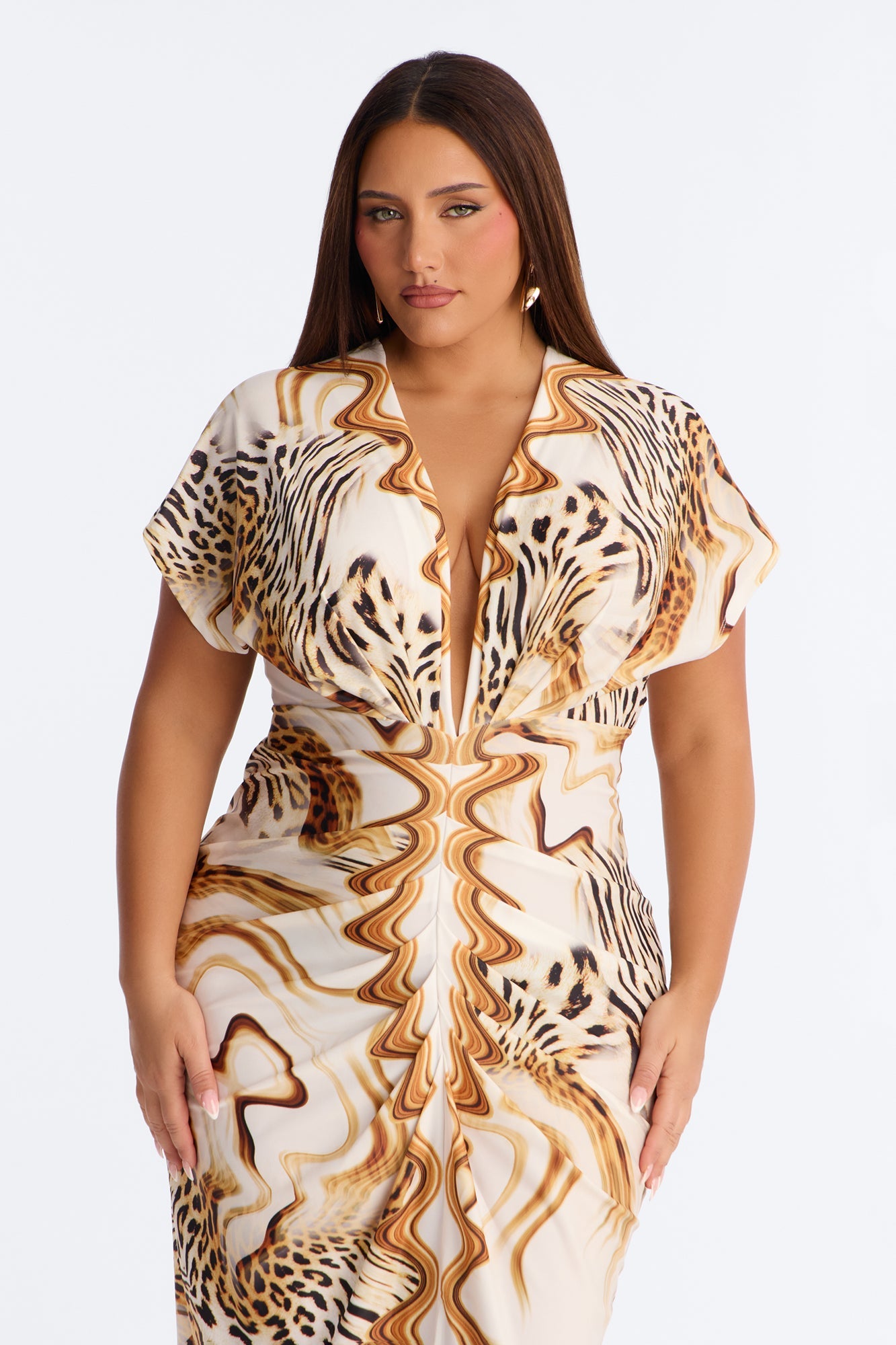 Annika Ruched Animal Print Midi Dress - Brown/combo