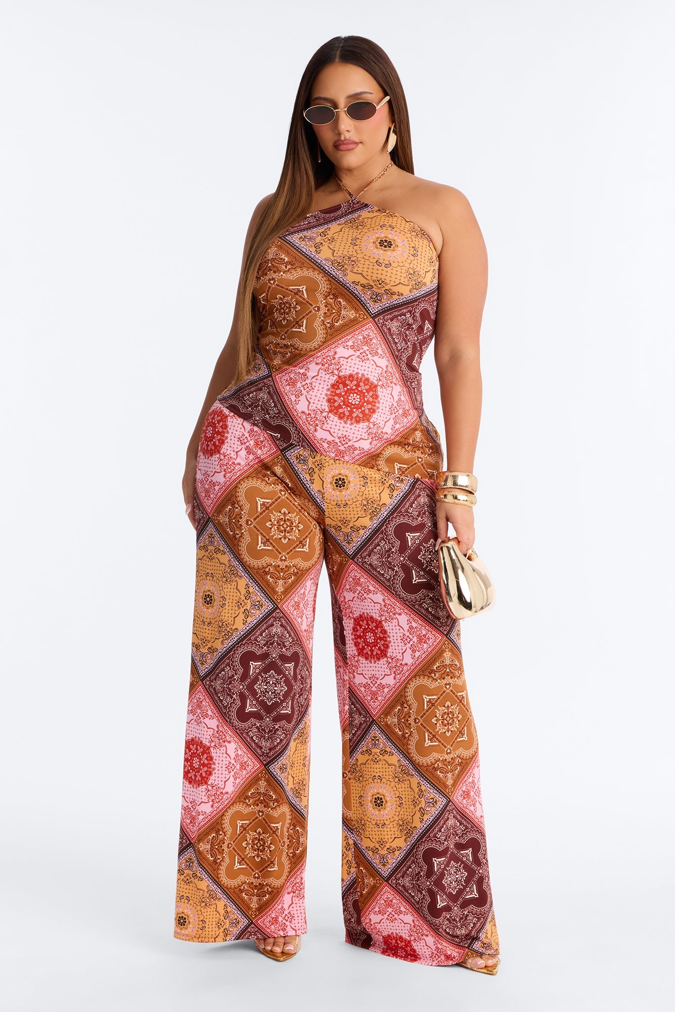 Heather Bandana Print Halter Pant Set - Pink/combo
