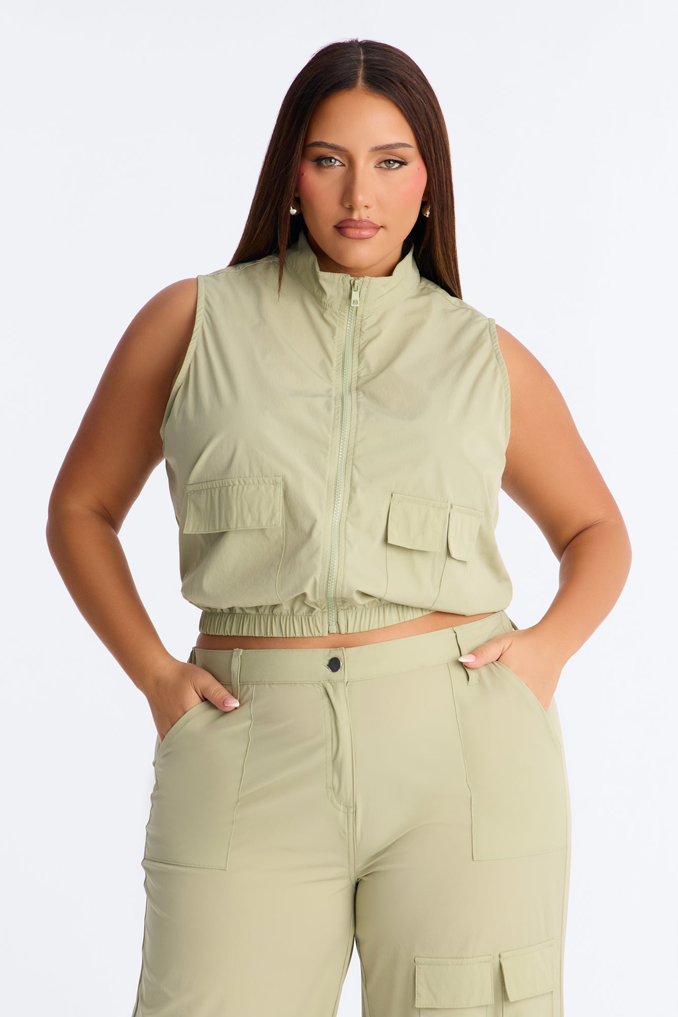 Nessa Nylon Cargo Sleeveless Vest Pant Set - Sage
