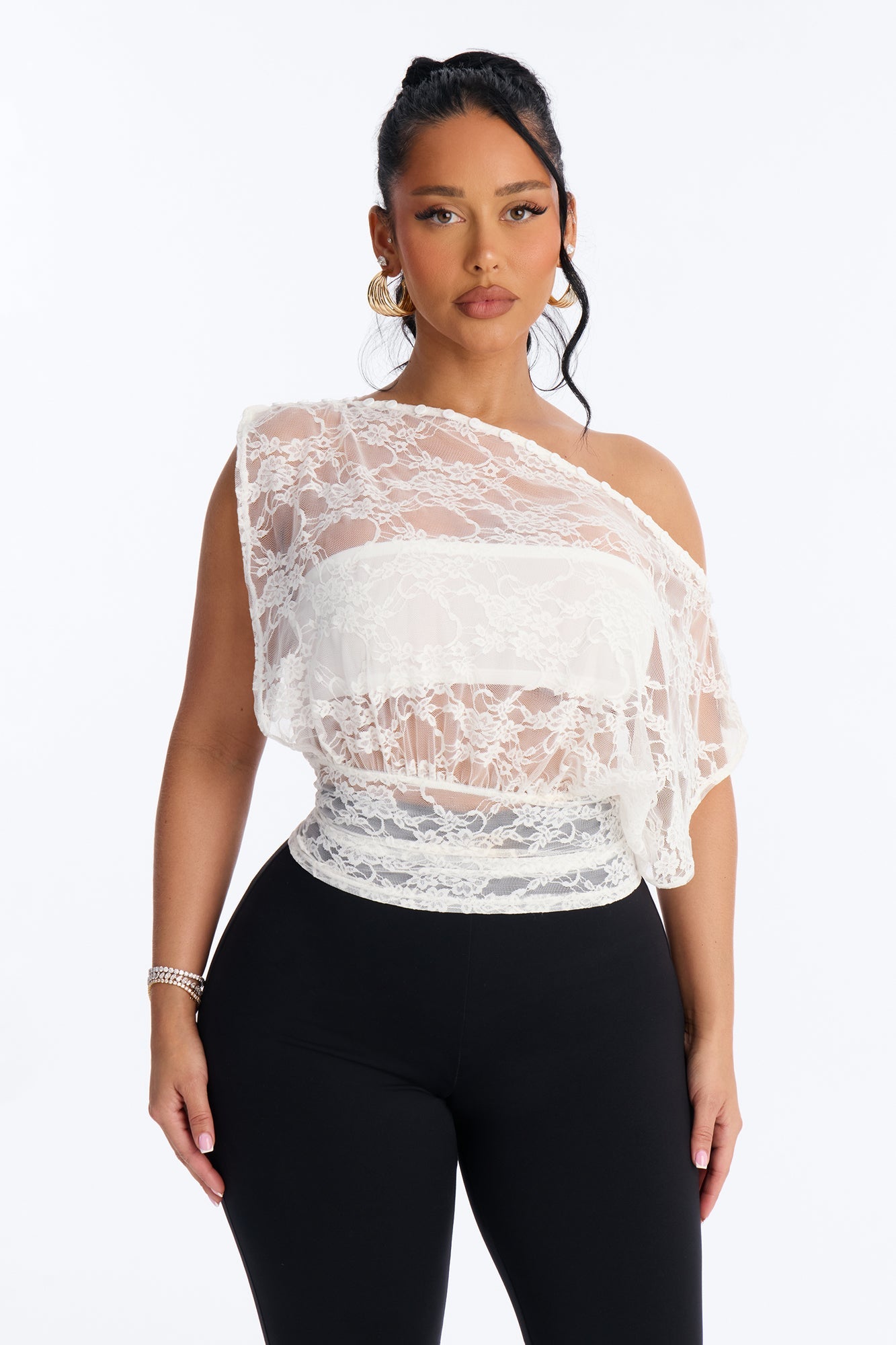 Olivia Off Shoulder Sheer Lace Top - White