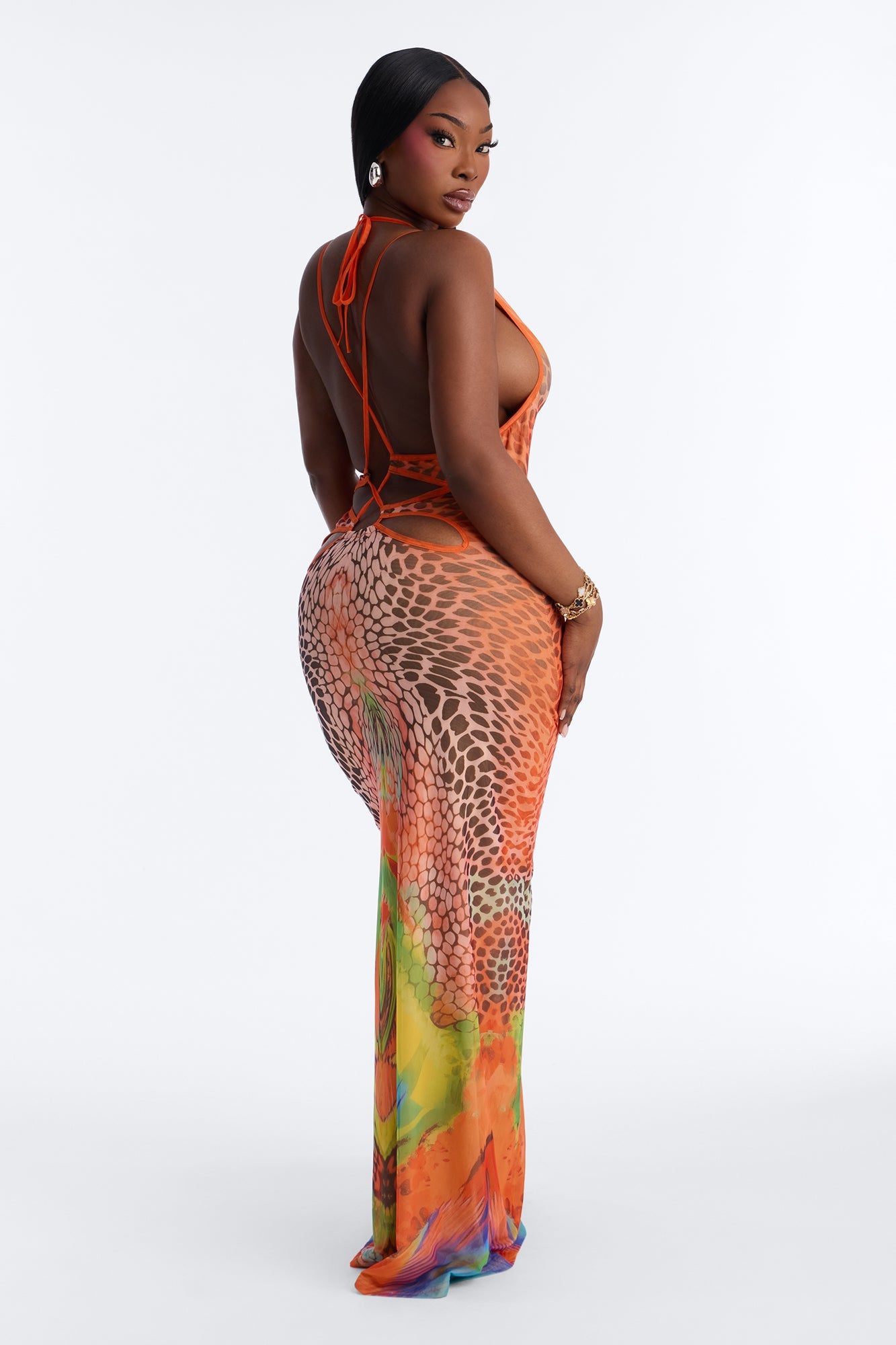 Beach Club Strappy Mesh Maxi Dress - Orange/combo