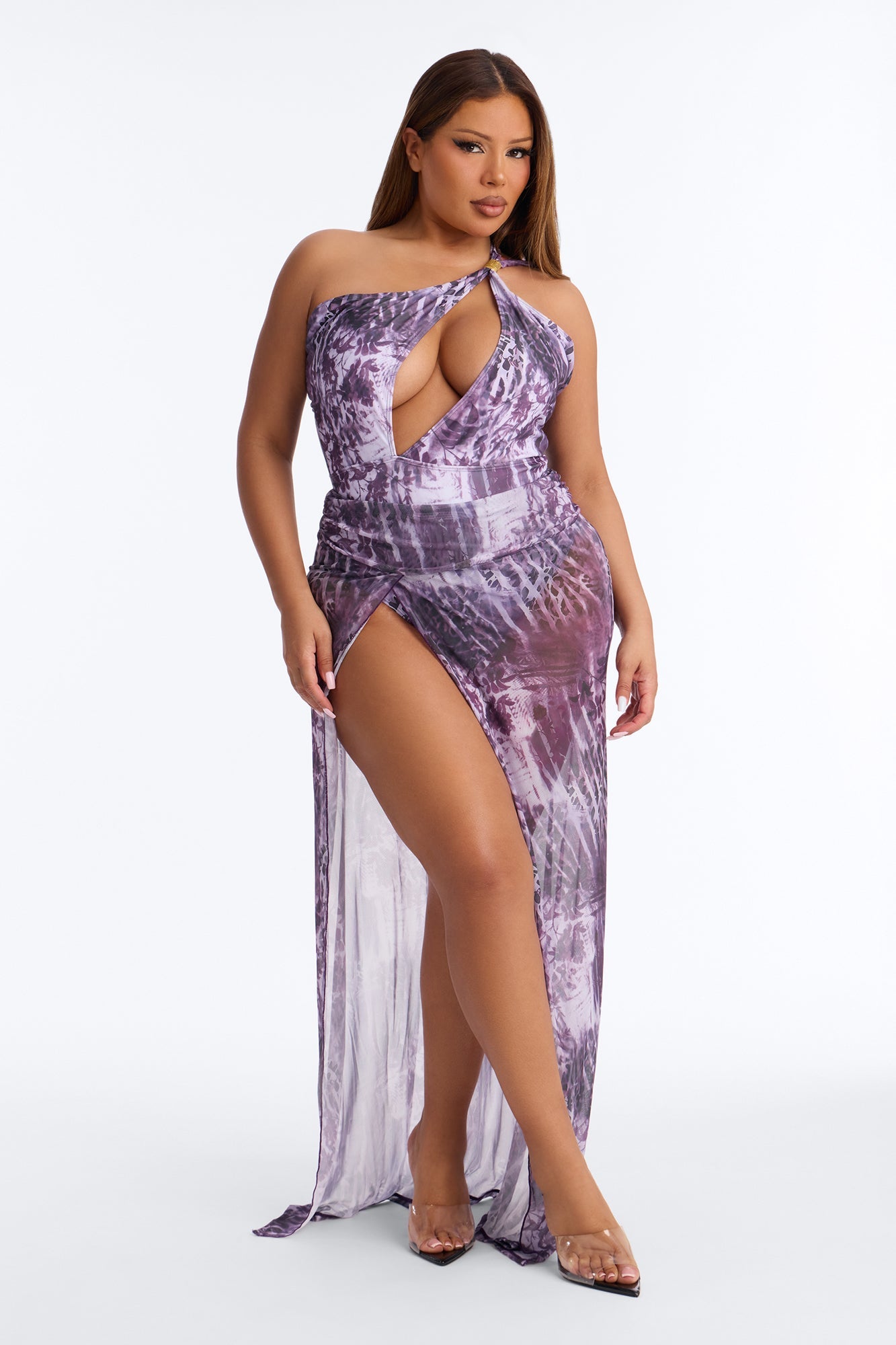 Olivia One Shoulder Hardware Asymmetrical Sheer 2 Piece Bikini Pants Set - Purple