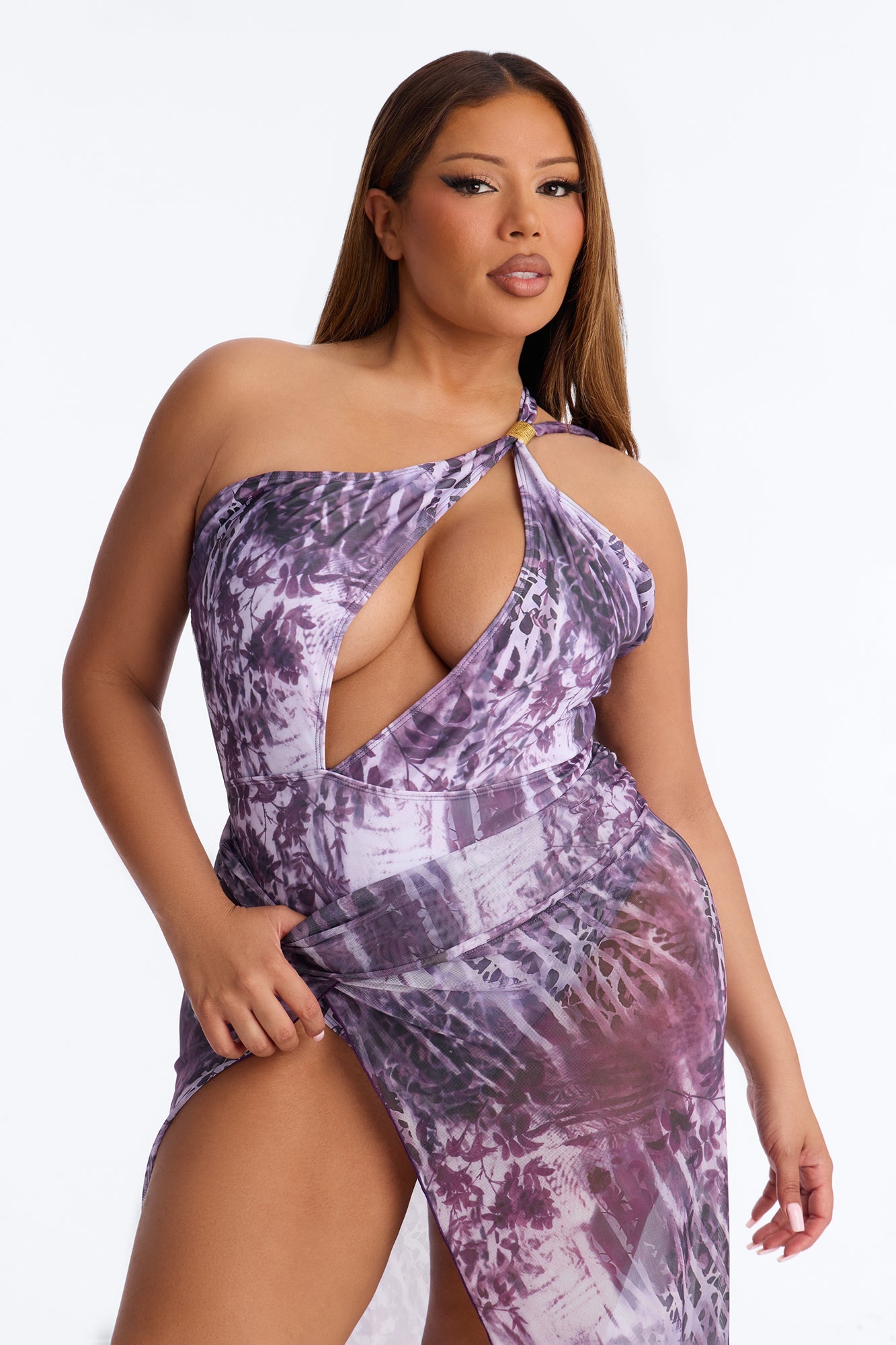 Olivia One Shoulder Hardware Asymmetrical Sheer 2 Piece Bikini Pants Set - Purple