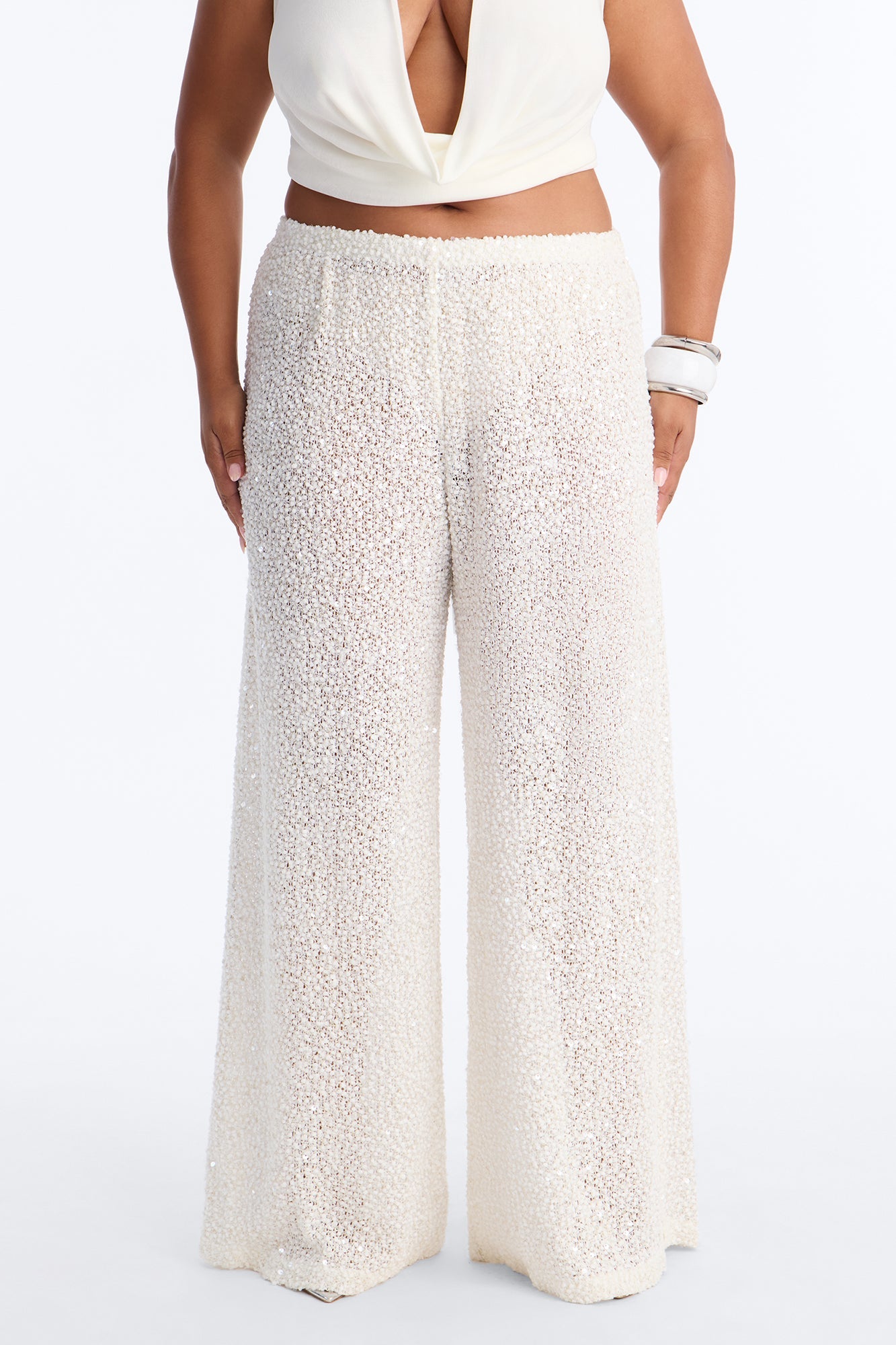 Azalea Low Rise Sequin Crochet Wide Leg Pant 33″ - White