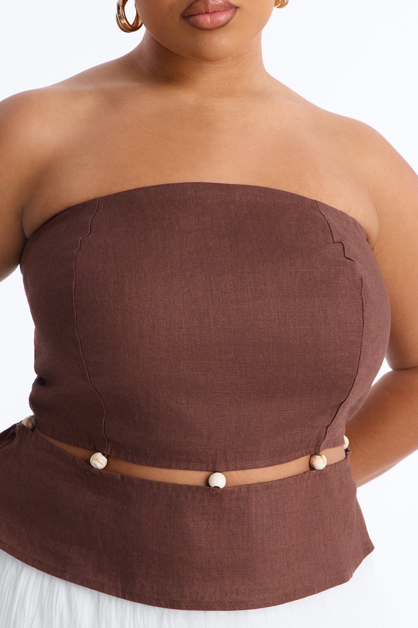 On The Guest List Beaded Linen Top - Brown