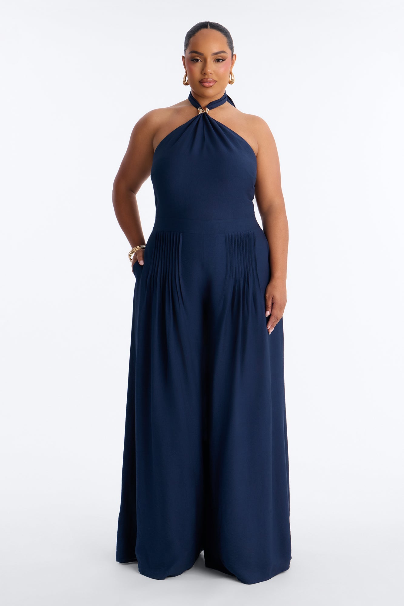Alana Halter Pleated Wide Leg Jumpsuit - Navy