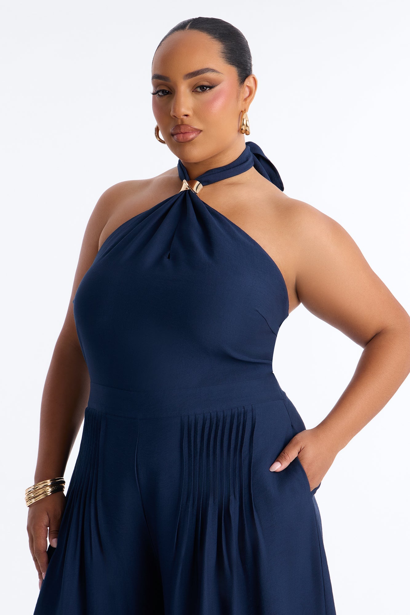 Alana Halter Pleated Wide Leg Jumpsuit - Navy