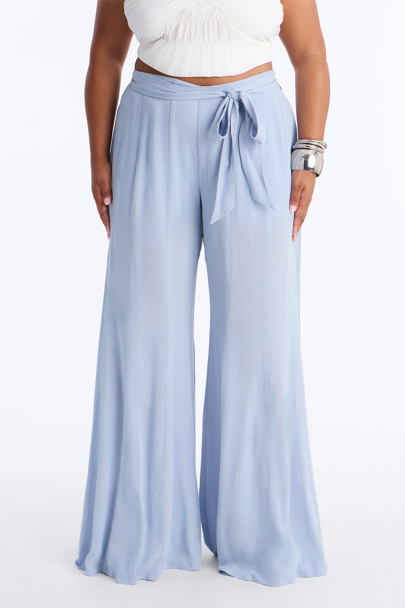 Kelsey Mid Rise Tie Waist Flowy Wide Leg Pant 34″ - Light Blue