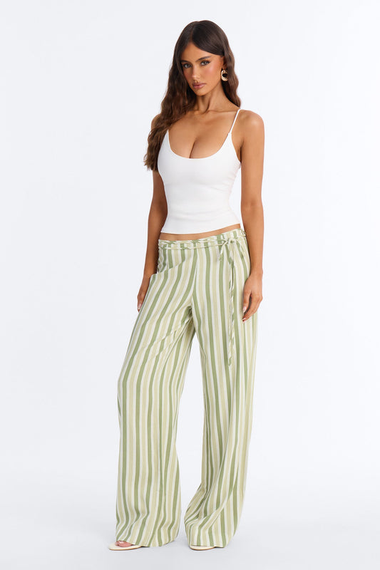 Lurice Low Rise Striped Linen Wide Leg Pant - Sage/combo