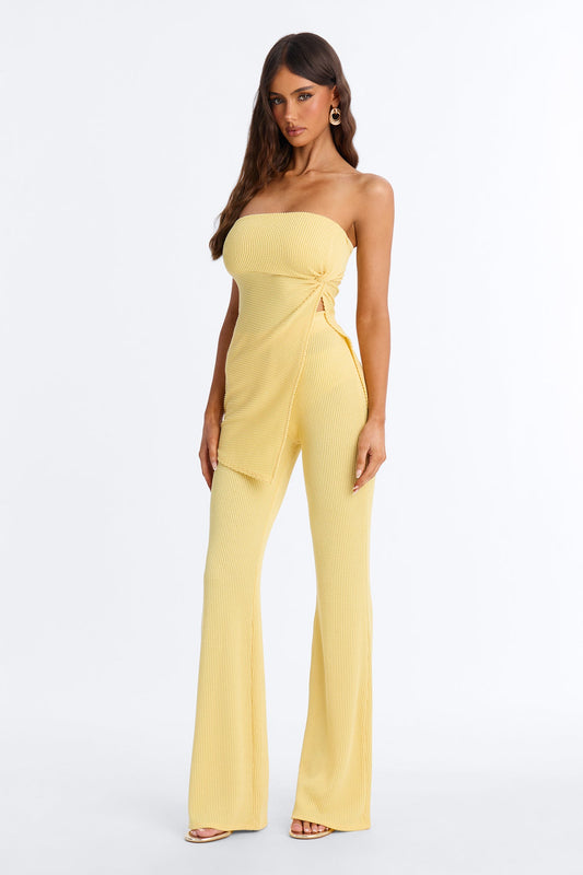 Mona Textured Strapless Flare Pant Set - Yellow