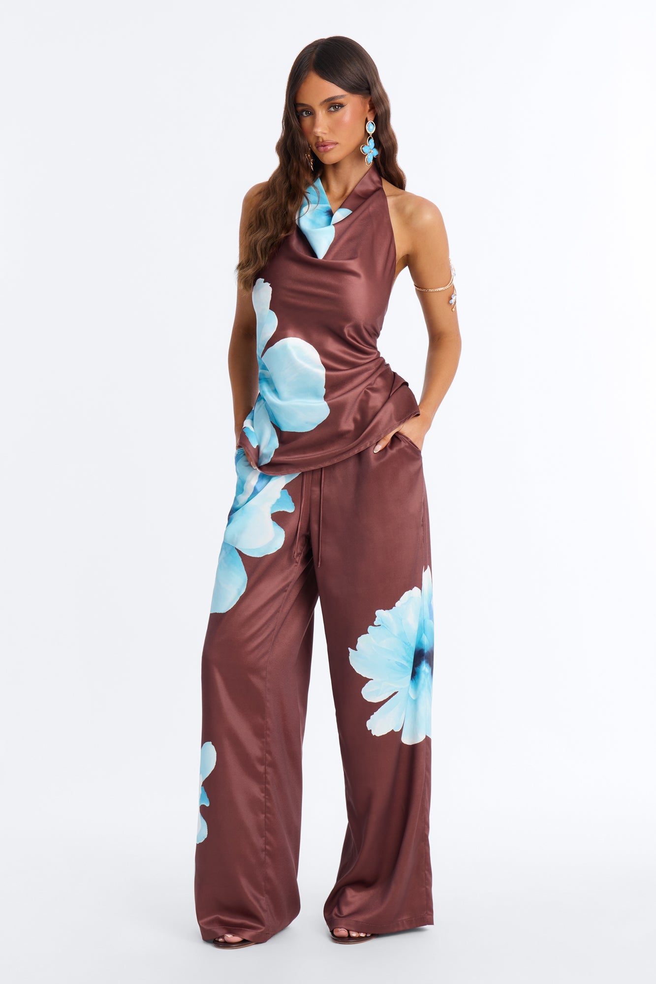 Leora Satin Drawstring Pant - Brown Combo