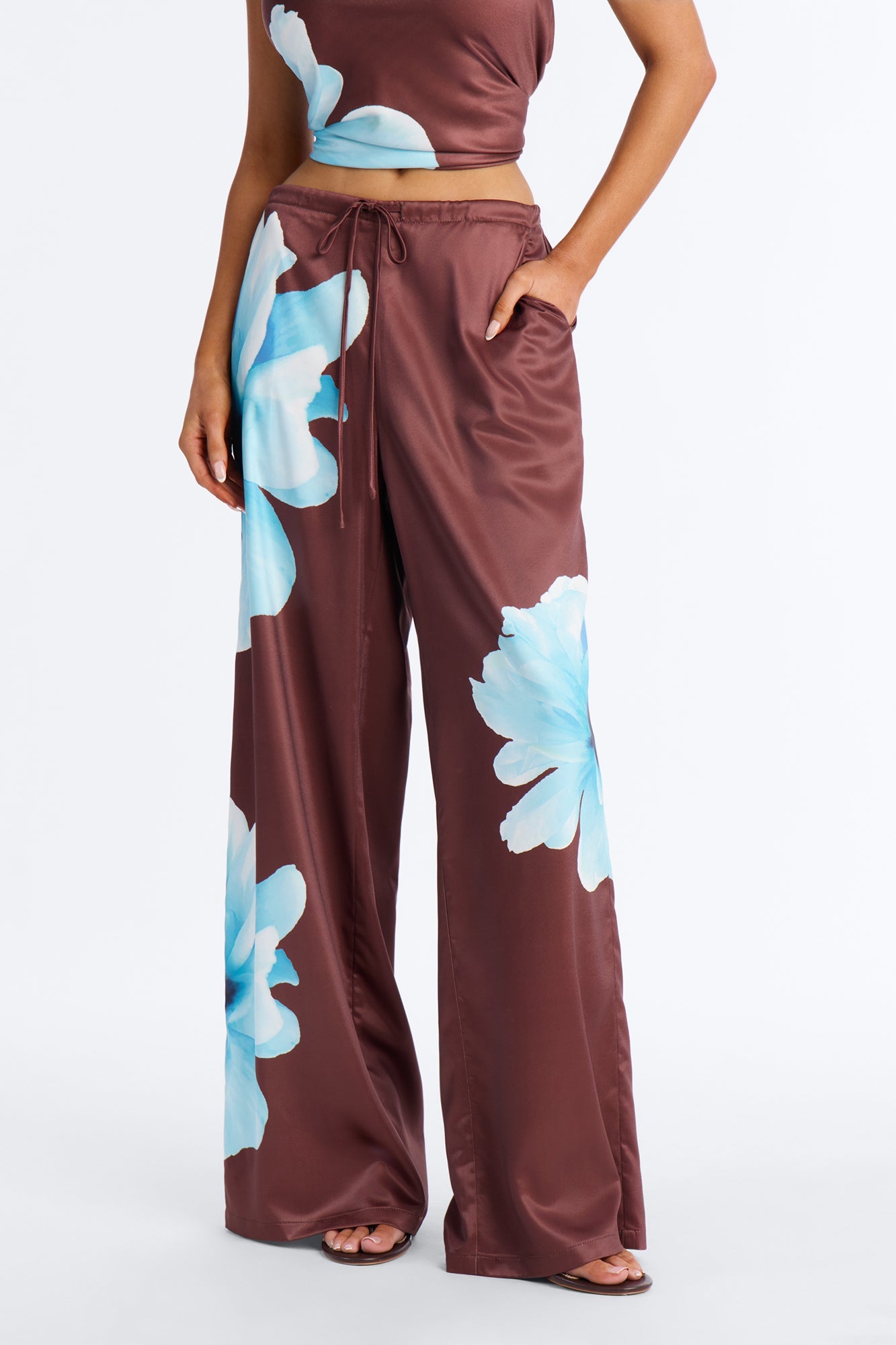 Leora Satin Drawstring Pant - Brown Combo