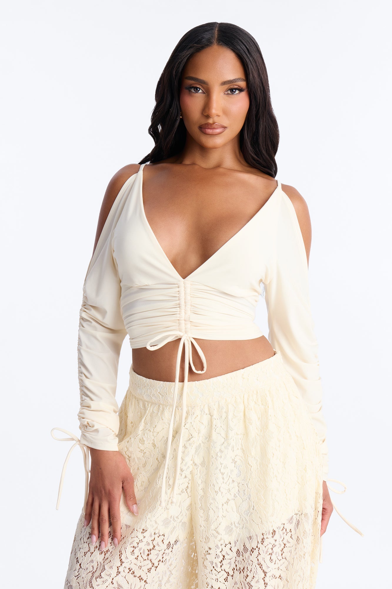 Genevieve Ruched Cold Shoulder Long Sleeve Top - Cream