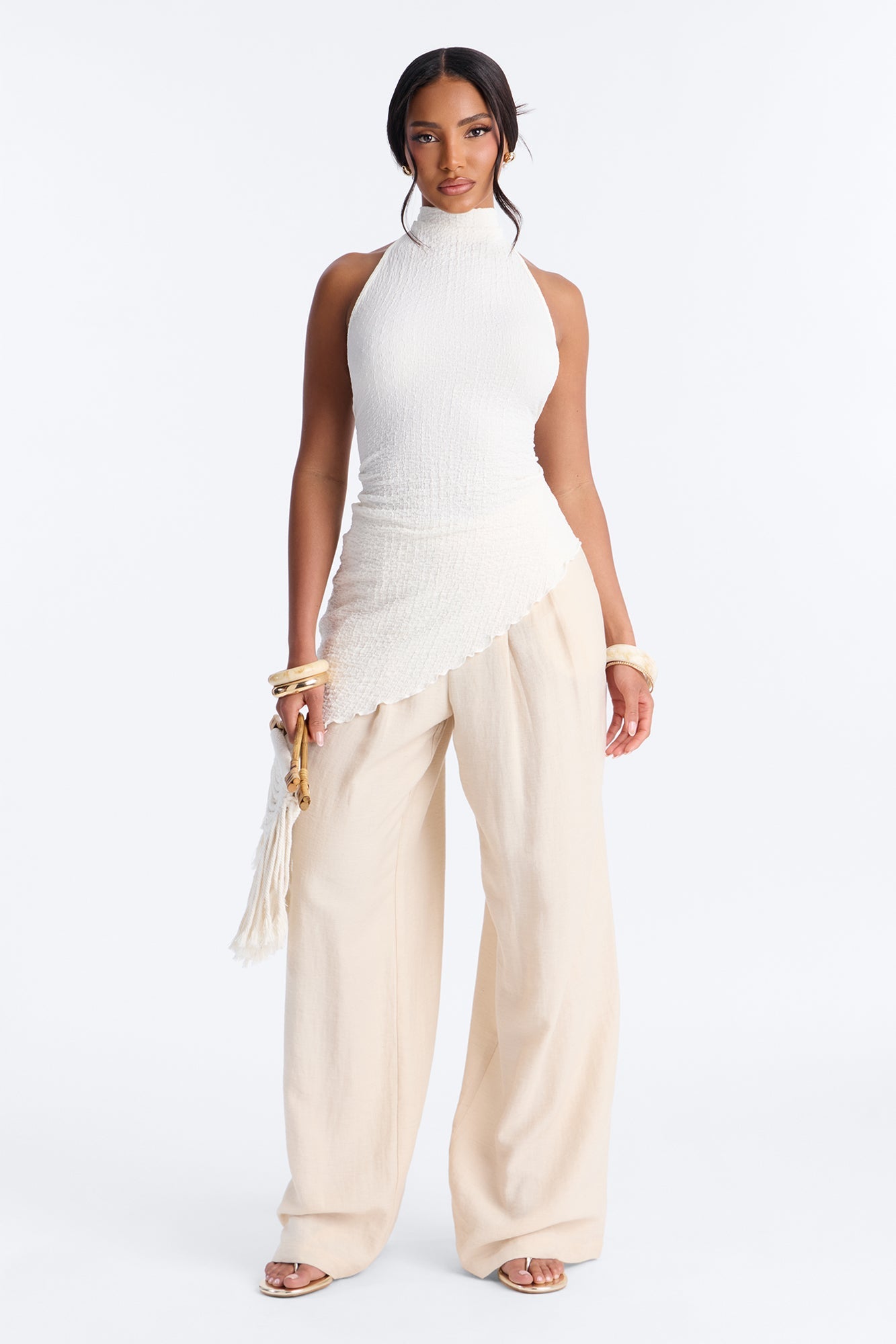 Barbados Textured Asymmetrical Halter Mock Neck Top - Ivory