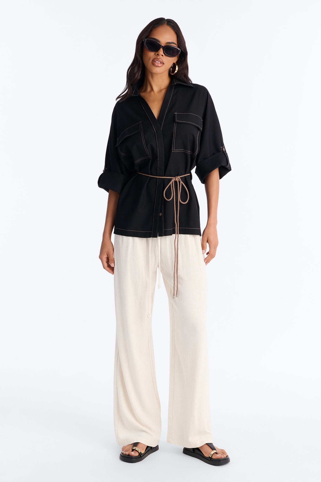 Casual Class Belted Linen Shirt - Black