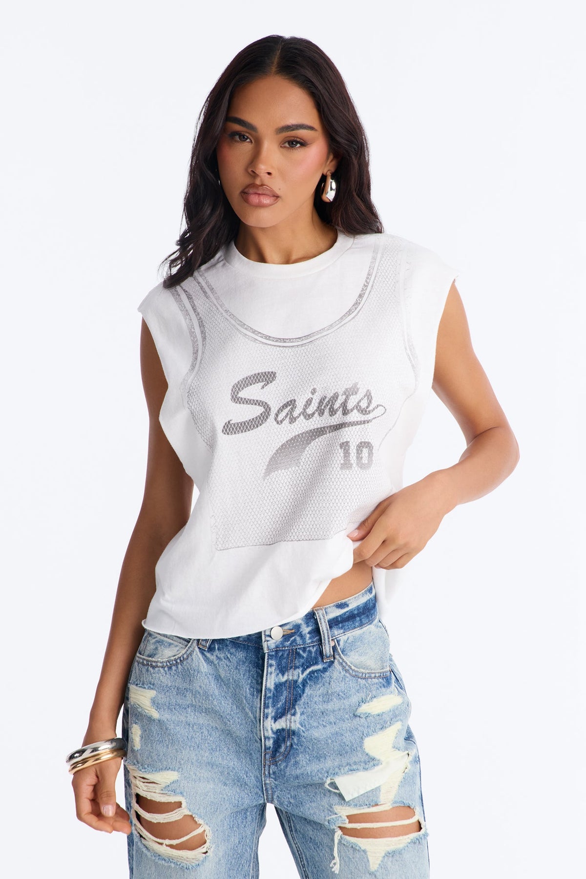 Saints Crop Muscle Tank - White