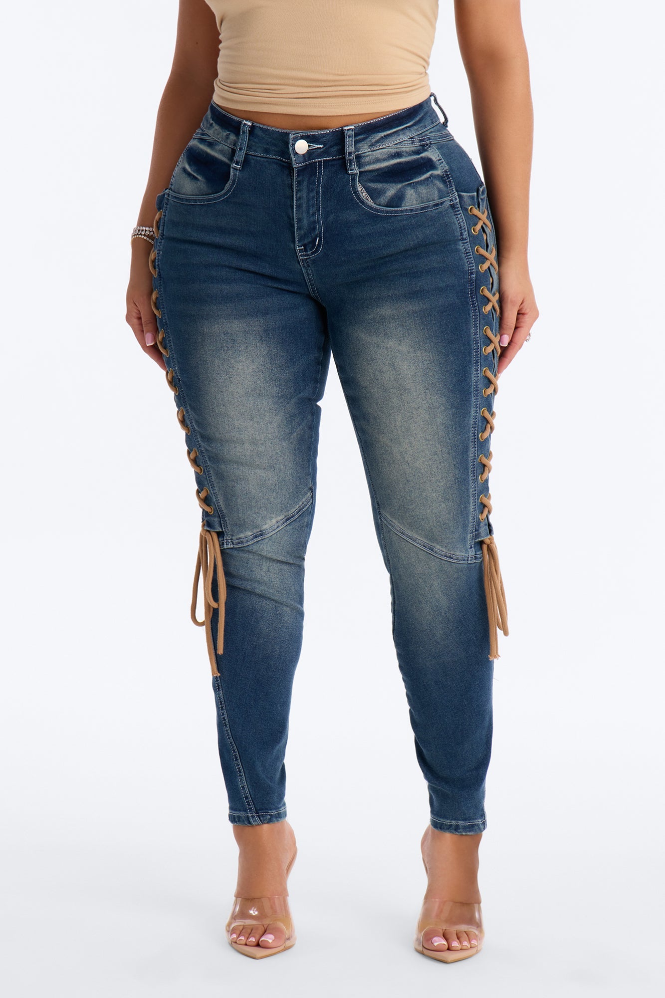 Shadow Siren Lace Up Slim Straight Leg Jeans - Dark Wash