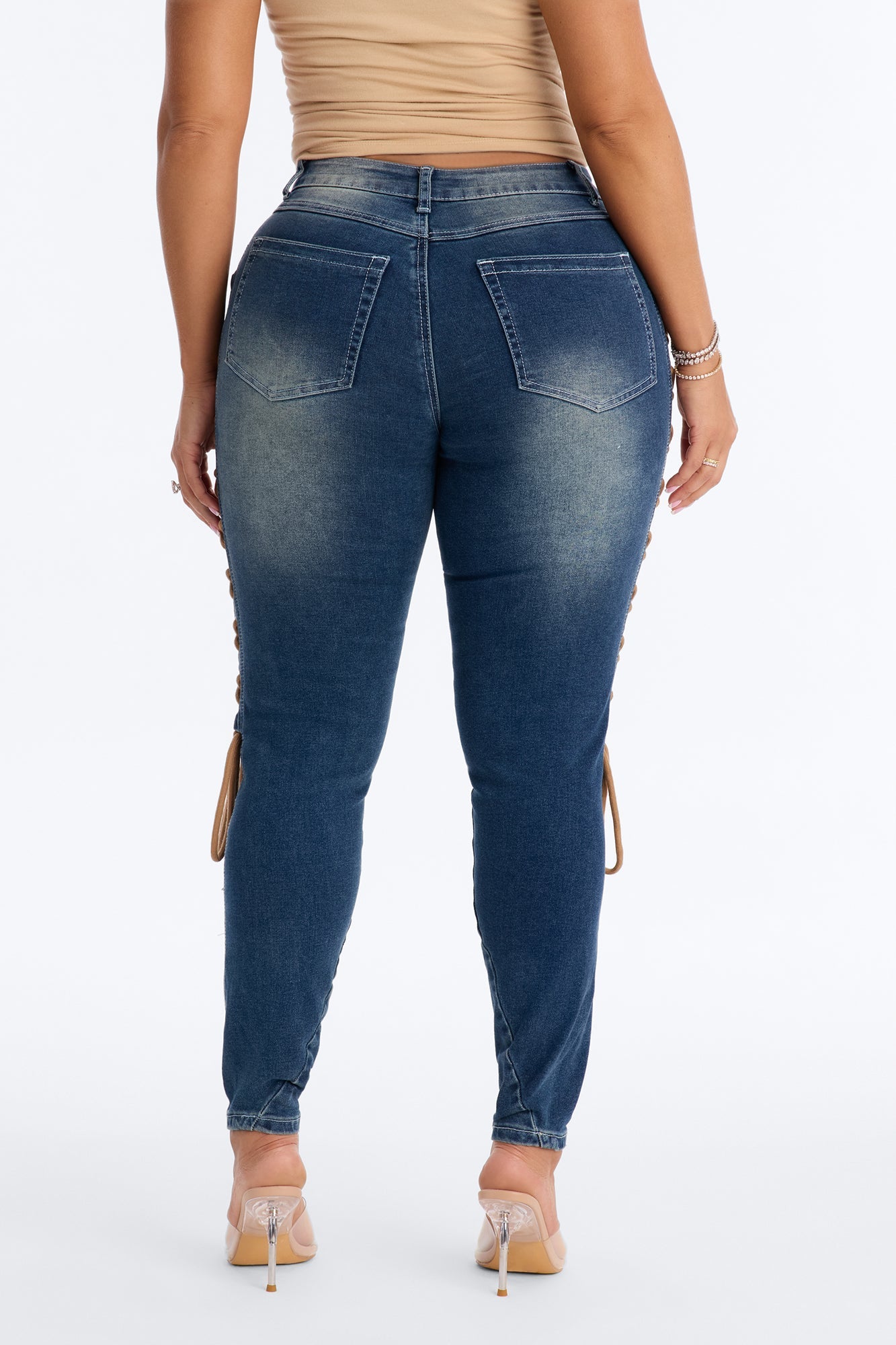 Shadow Siren Lace Up Slim Straight Leg Jeans - Dark Wash