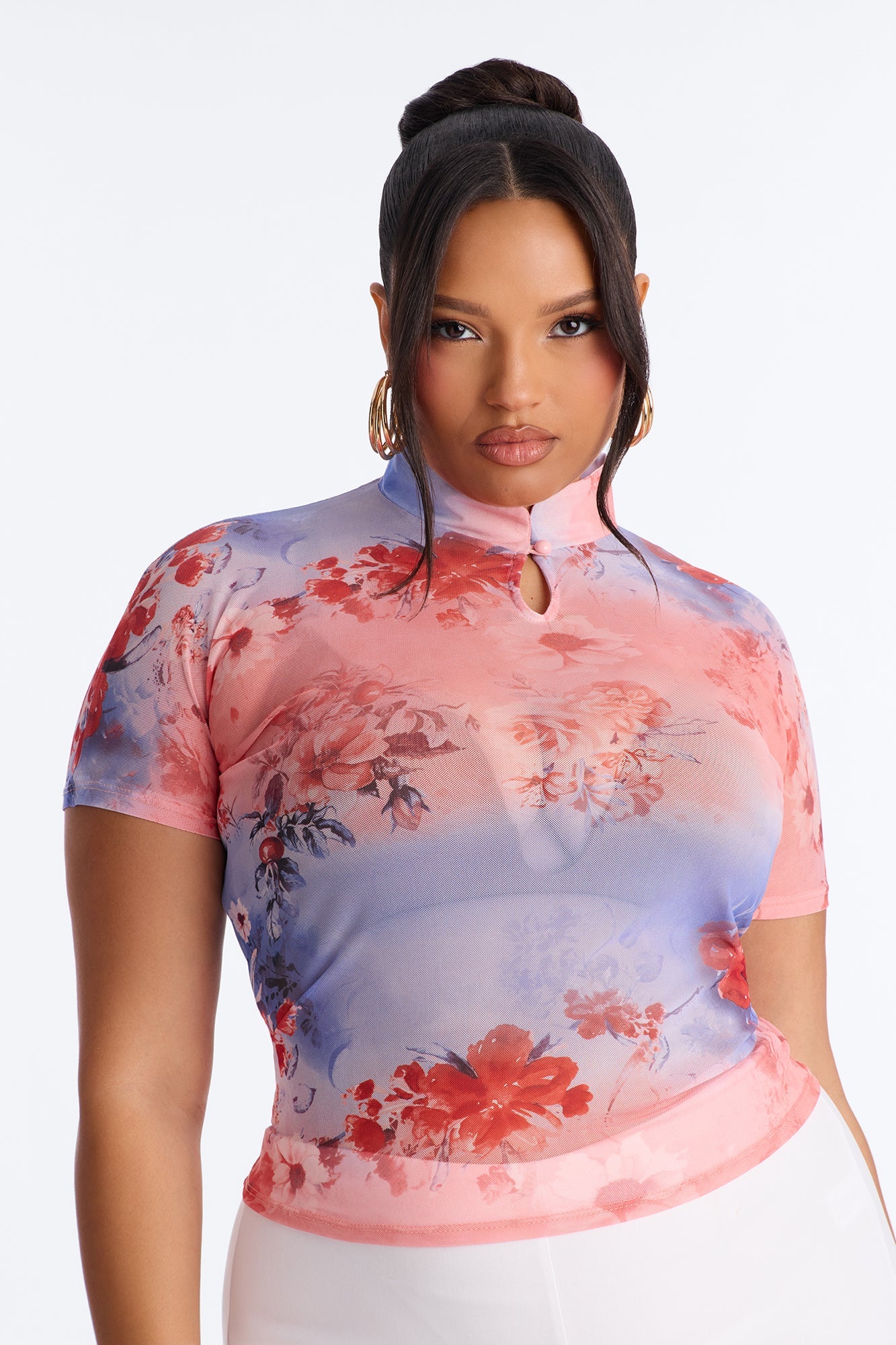 Daytime Blossom Mesh Mock Neck Short Sleeve Top - Pink/combo