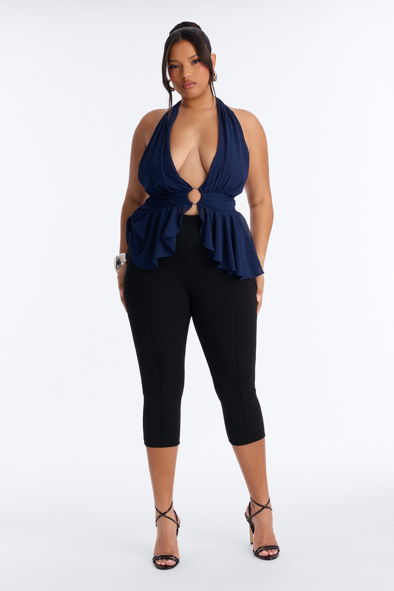 Iced Lattes Ruffle Chiffon Halter Top - Navy