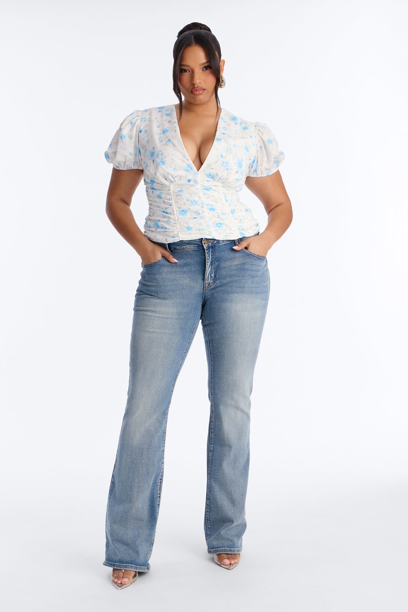 Arlene Puff Sleeved Floral Chiffon Top - Blue/combo