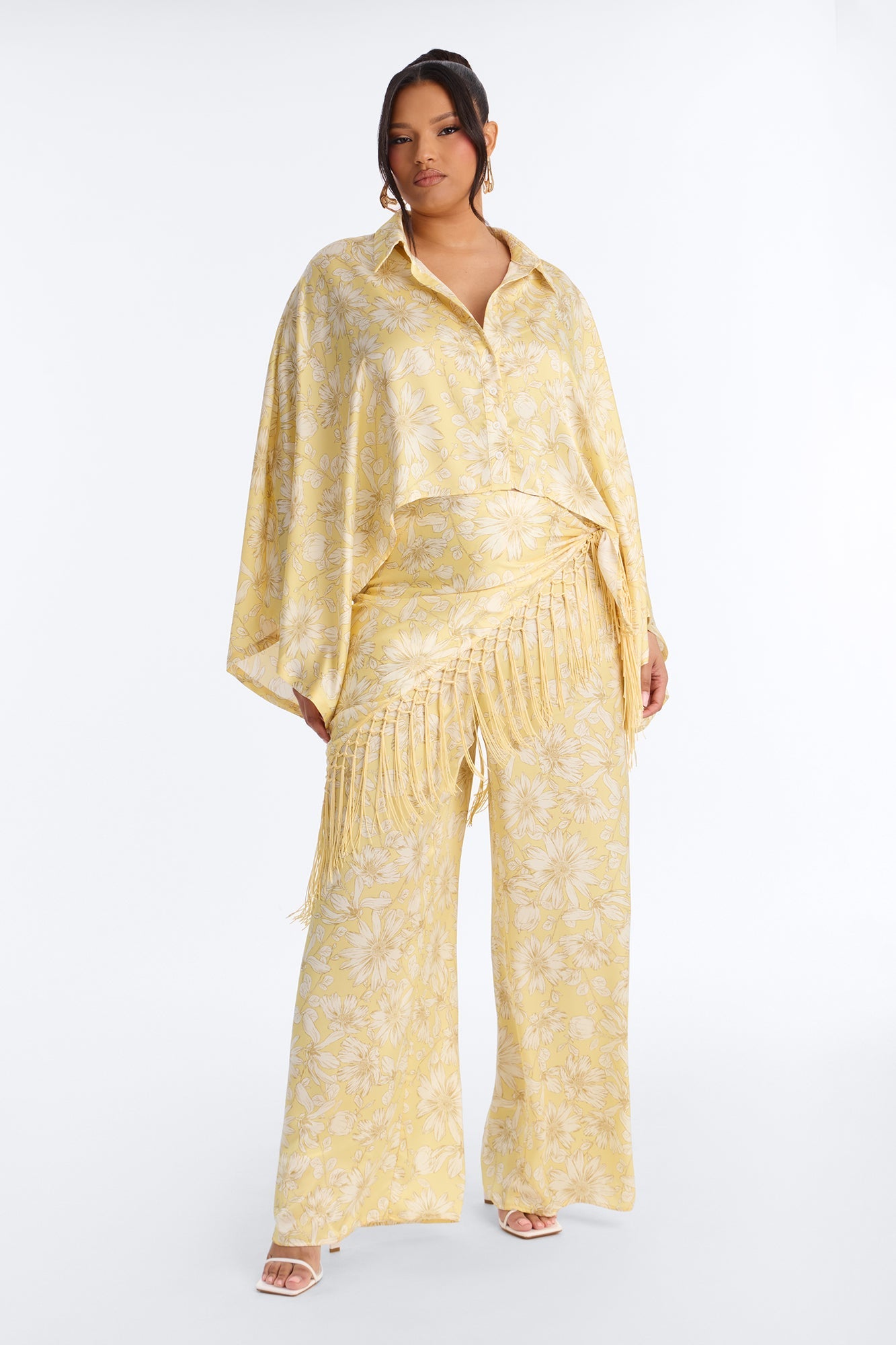 So Soft Floral Satin 3 Piece Pant Set - Yellow