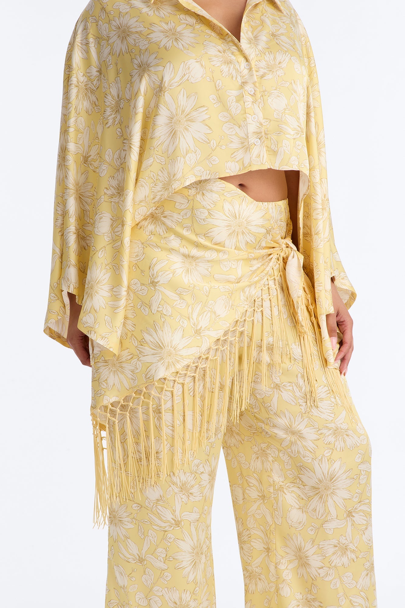 So Soft Floral Satin 3 Piece Pant Set - Yellow