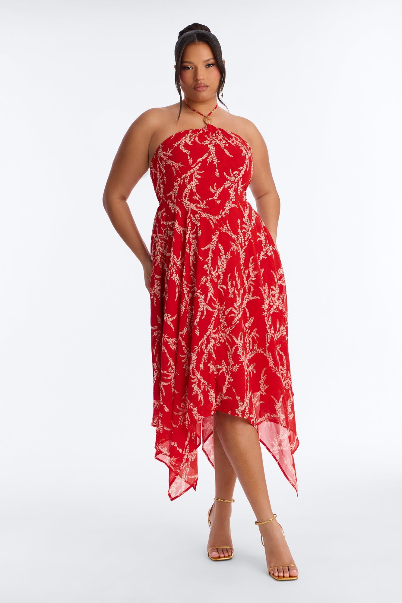 Nina Print Chiffon Midi Dress - Red/combo
