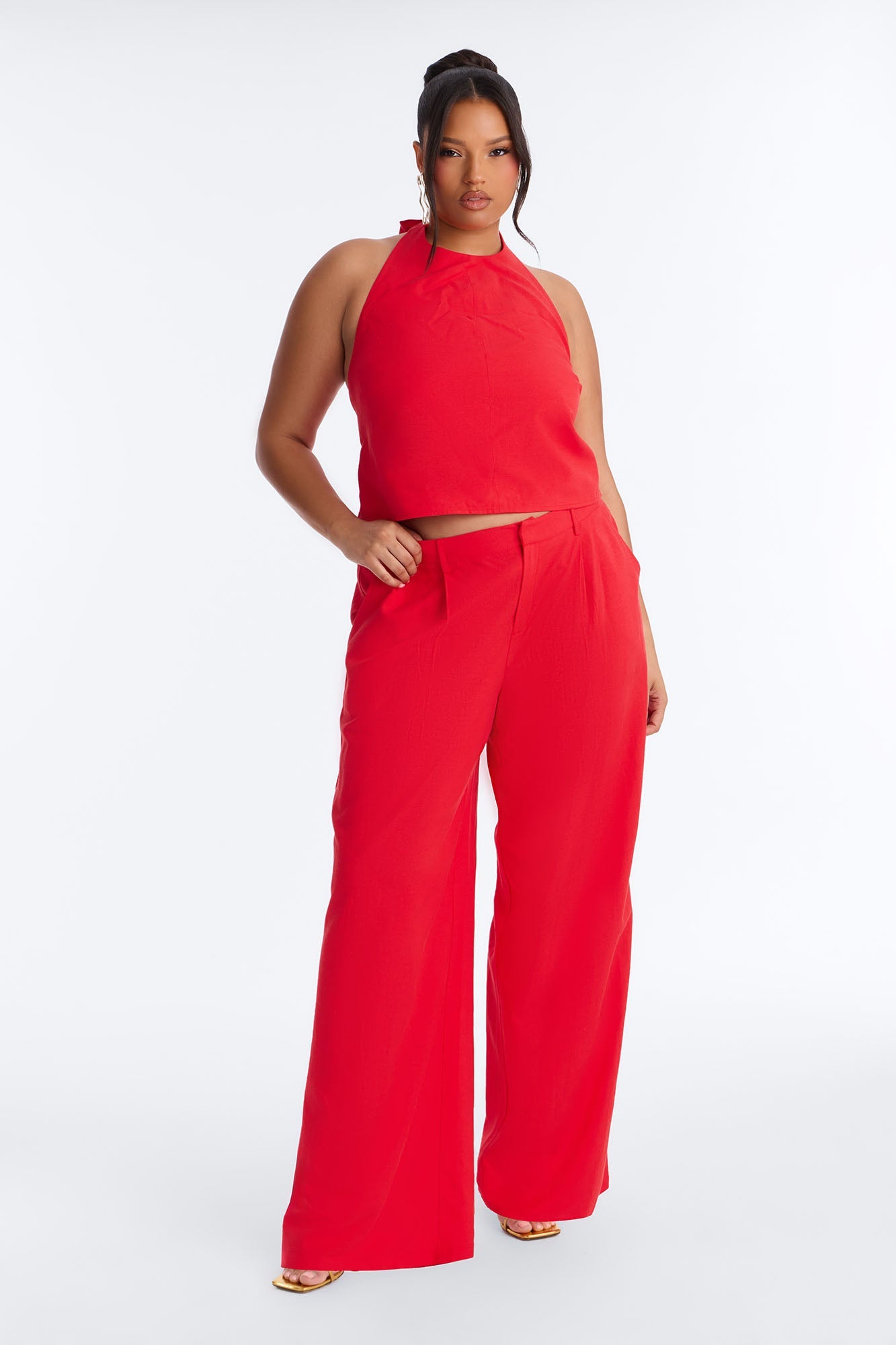 Ocean Breeze Linen Backless Halter Top - Tomato Red