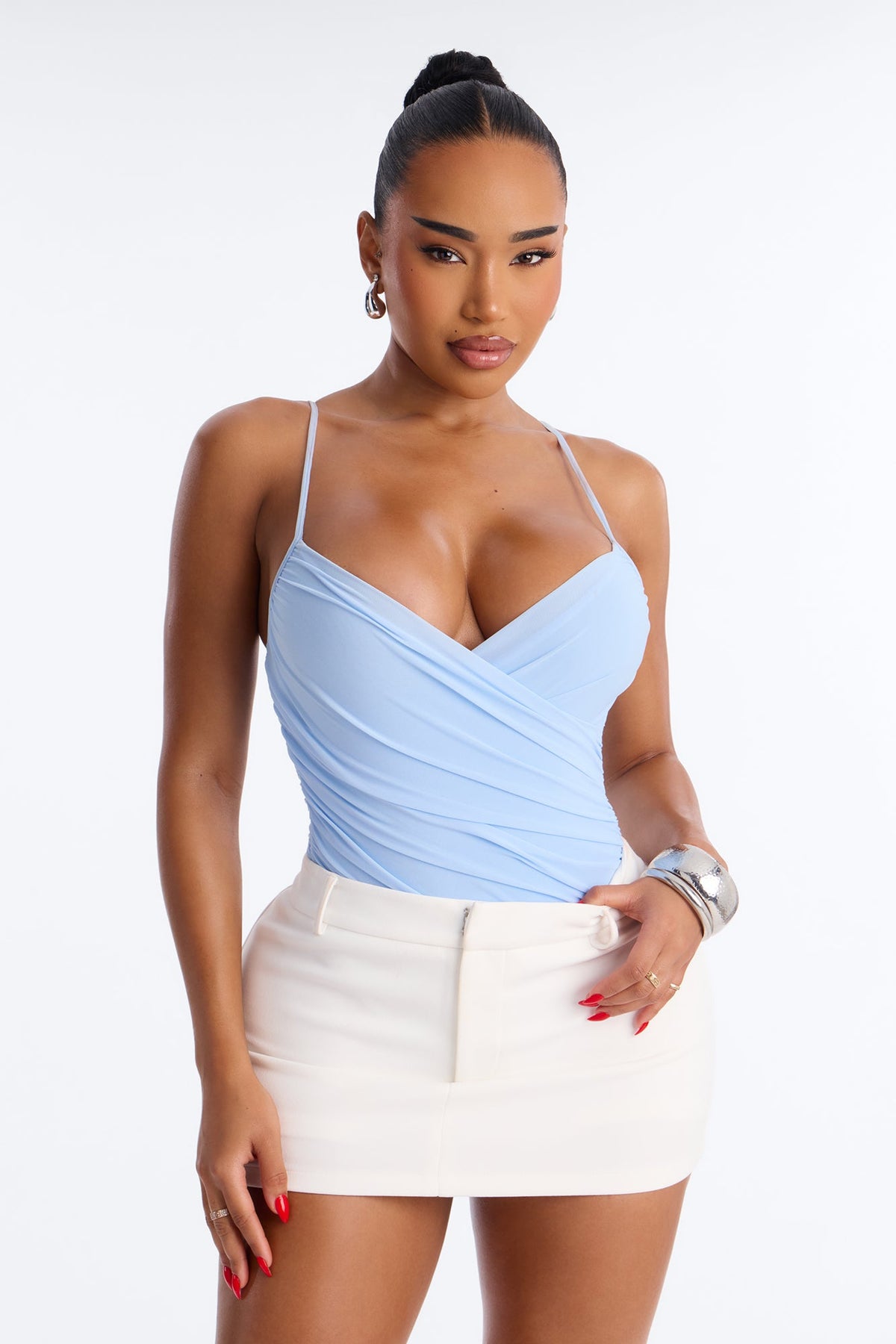 Ariel Ruched Mesh Tank Top Bodysuit - Blue