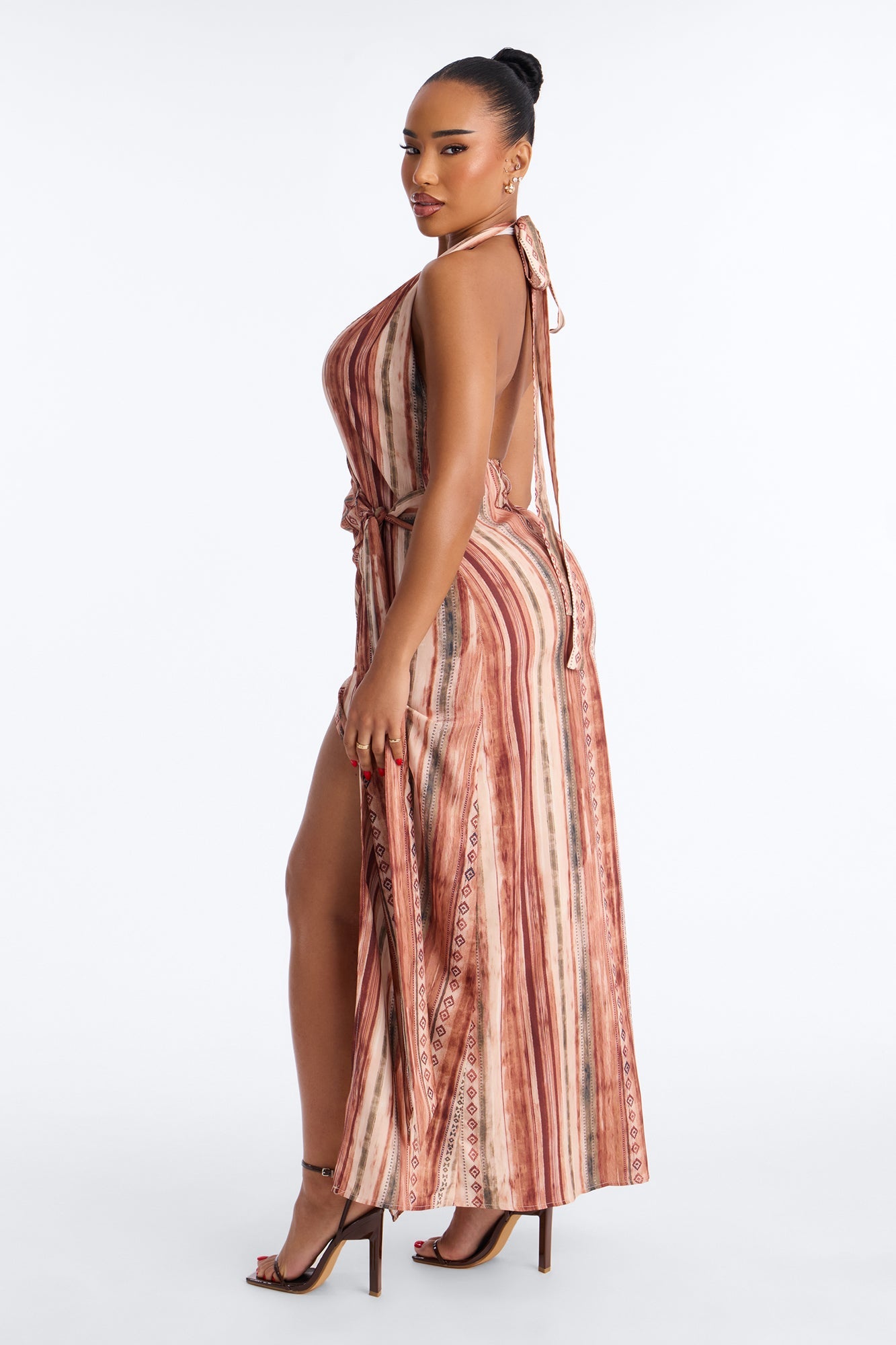 Laureen Wrap Halter Dress - Brown/combo