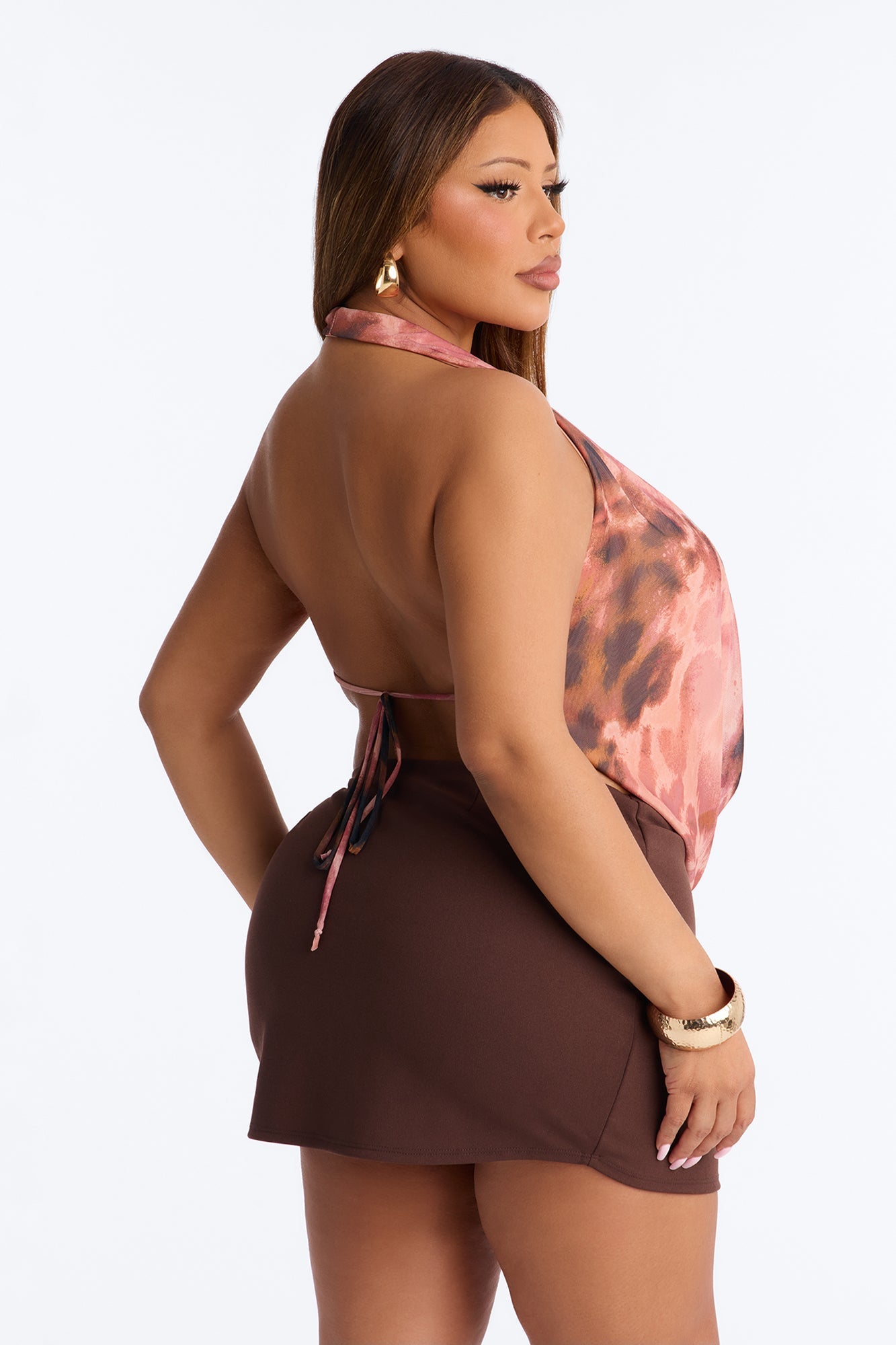 Barbados Mesh Deep Cowl Neck Halter Top - Pink/combo