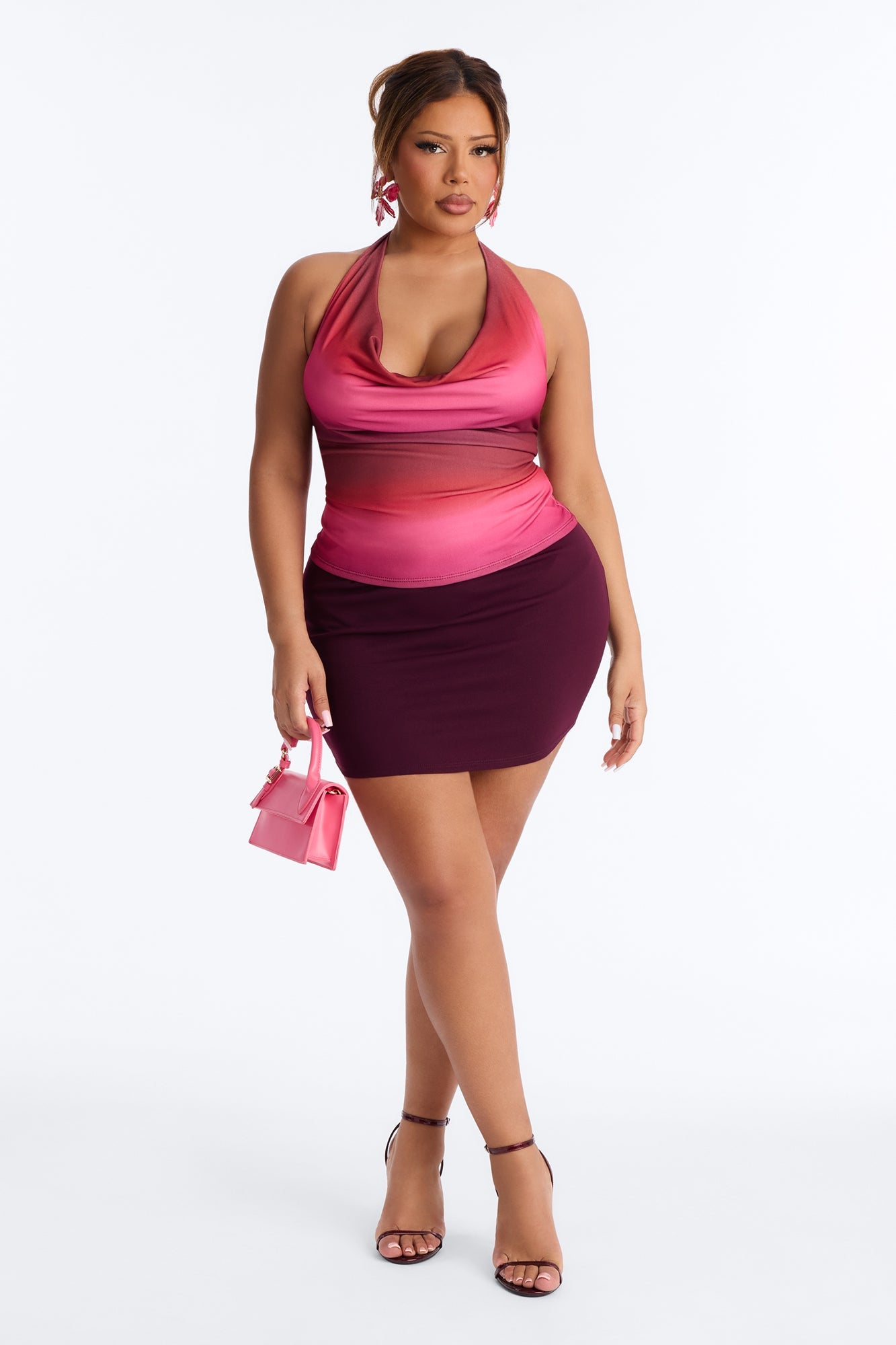 Sunset Vibes Ombre Cowl Neck Halter Top - Burgundy/combo