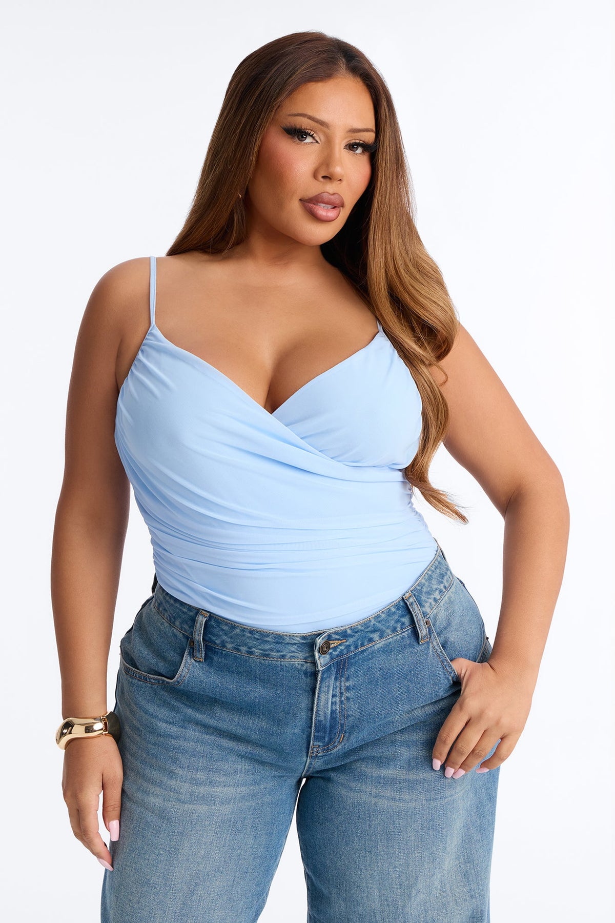 Ariel Ruched Mesh Tank Top Bodysuit - Blue