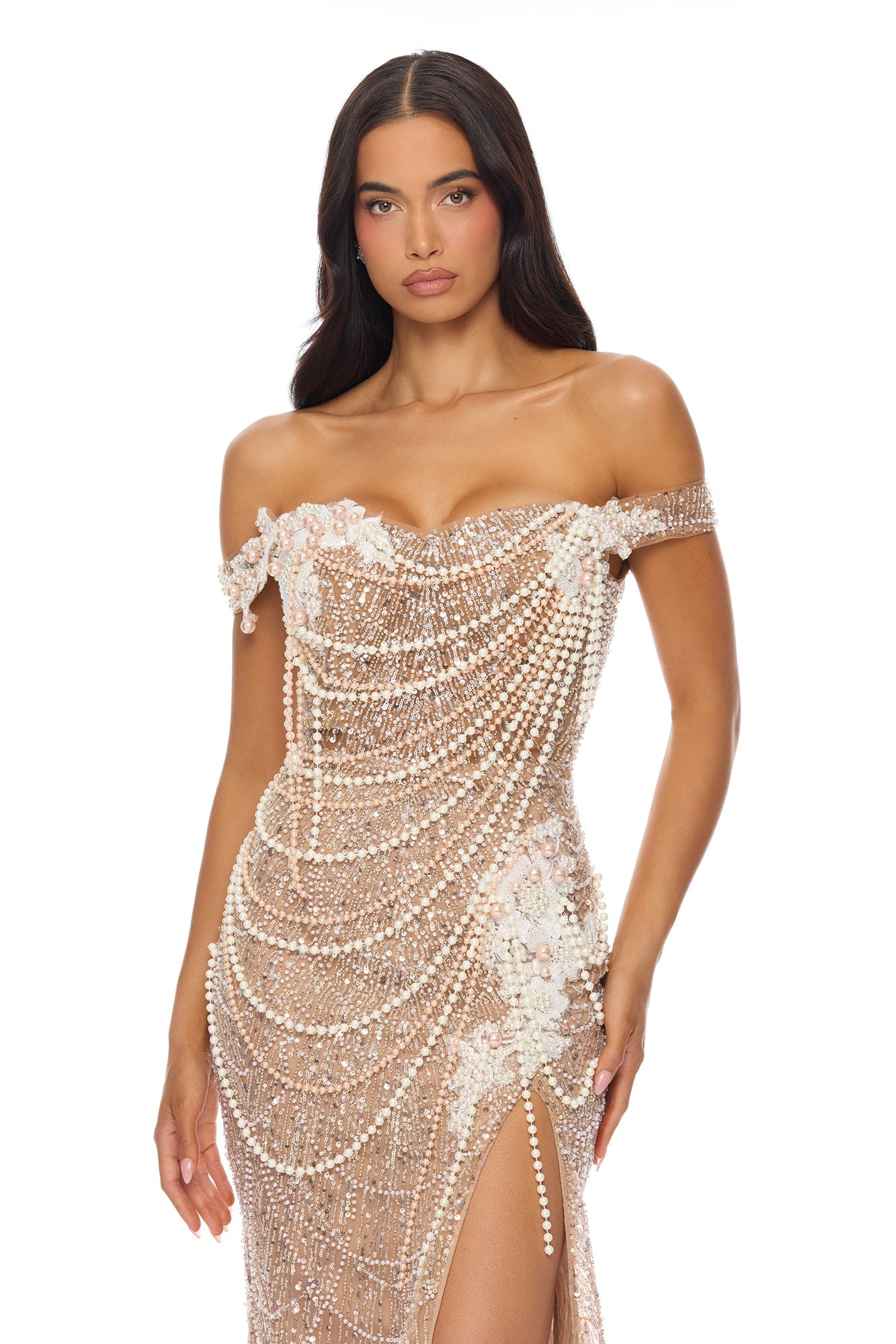 Diamonds And Pearls Embellished Gown - Nude