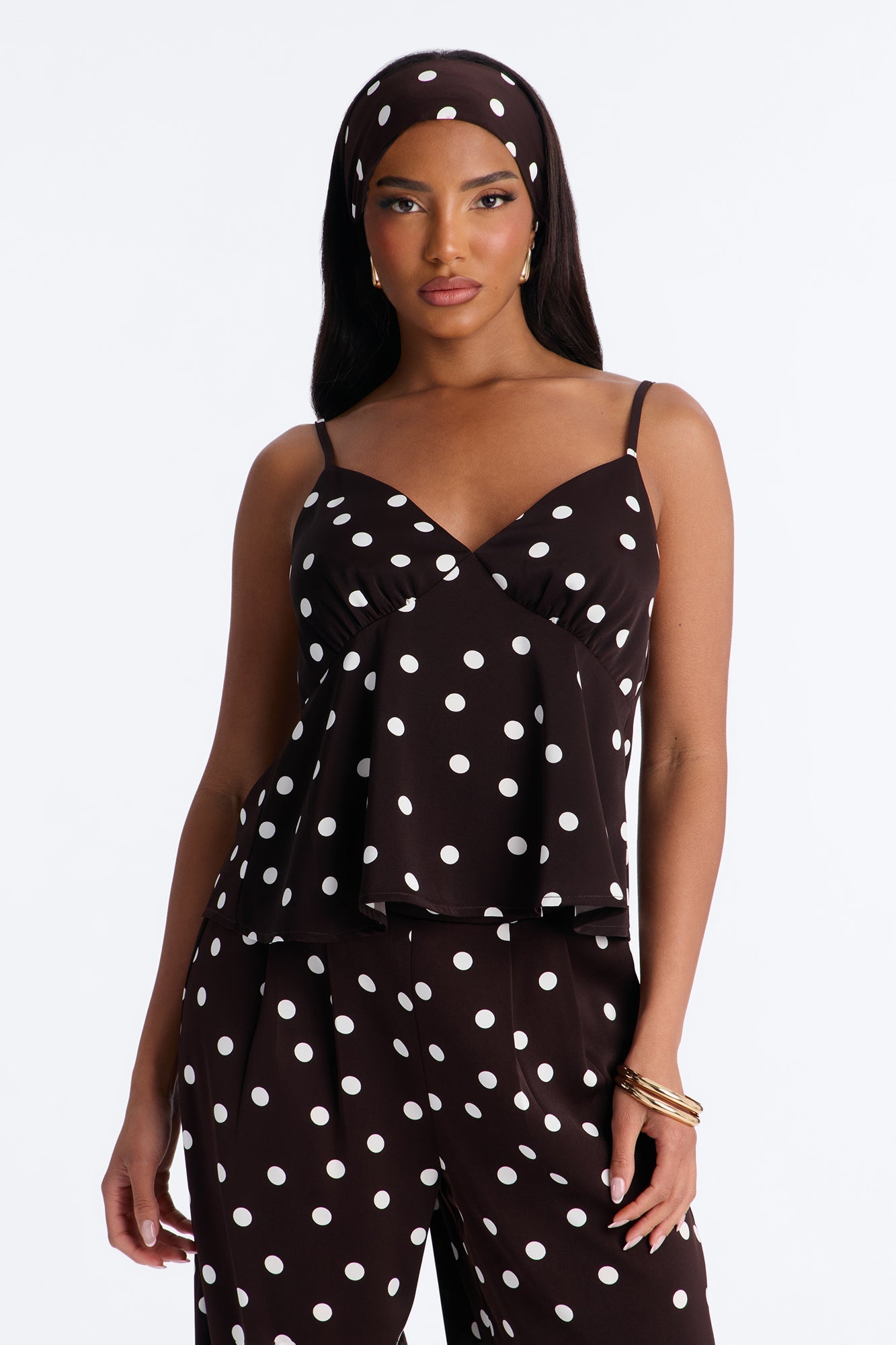 Monique Satin Polka Dot 3 Piece Pant Set - Brown Combo