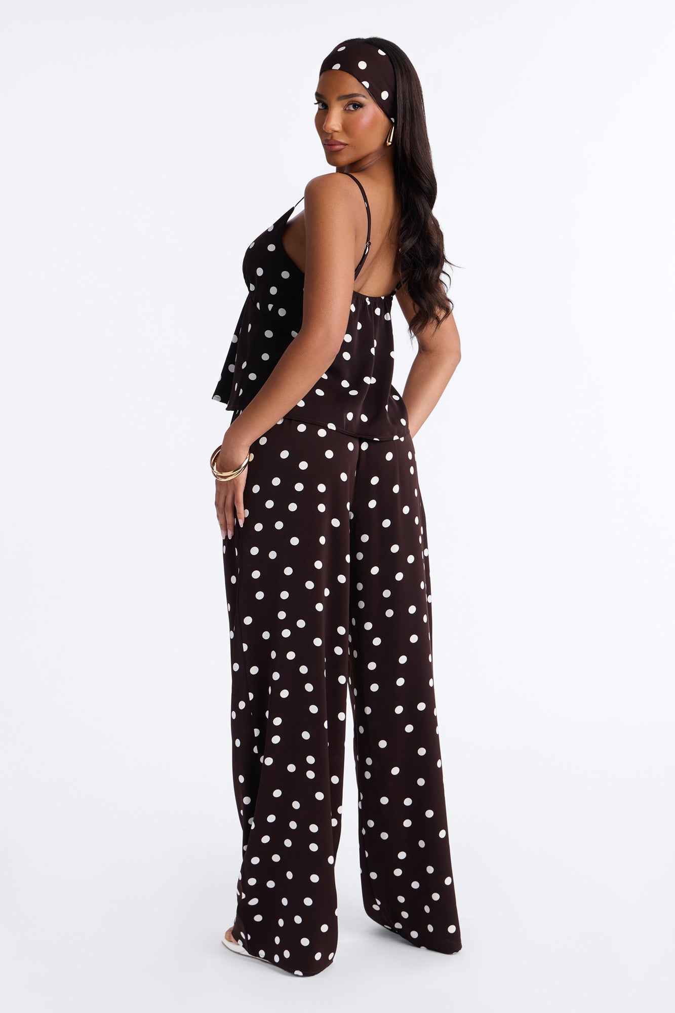 Monique Satin Polka Dot 3 Piece Pant Set - Brown Combo