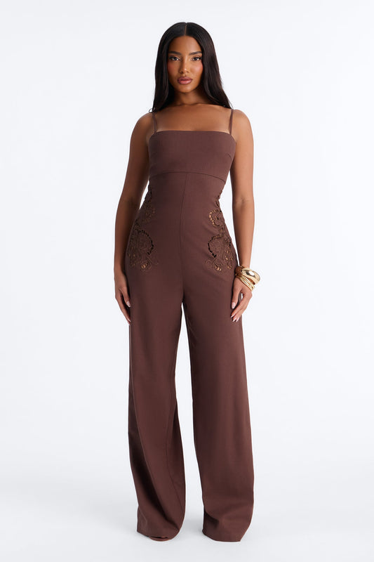 Liliana Embroidered Linen Jumpsuit - Chocolate