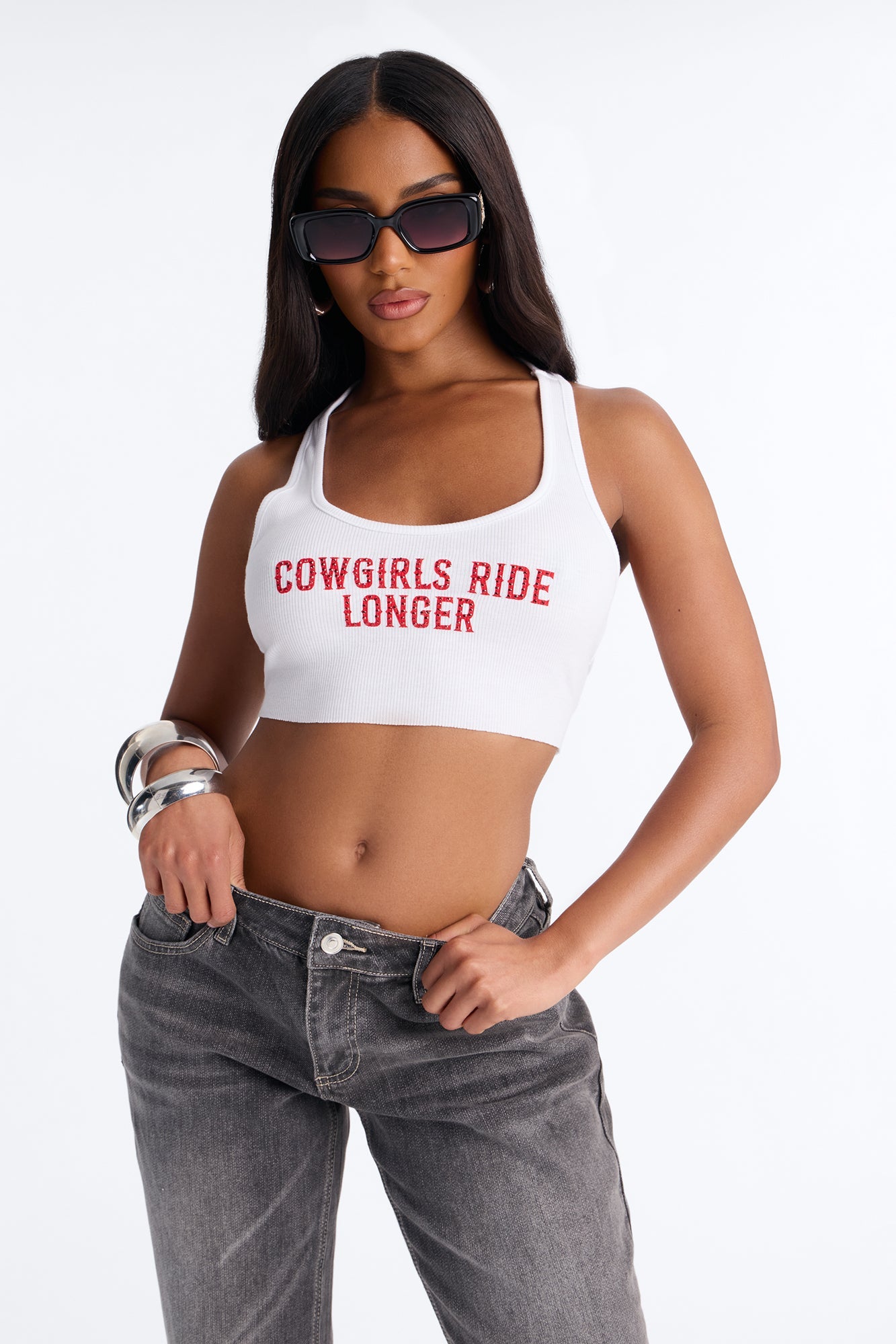 Cowgirls Ride Longer Cropped Tank - White/combo