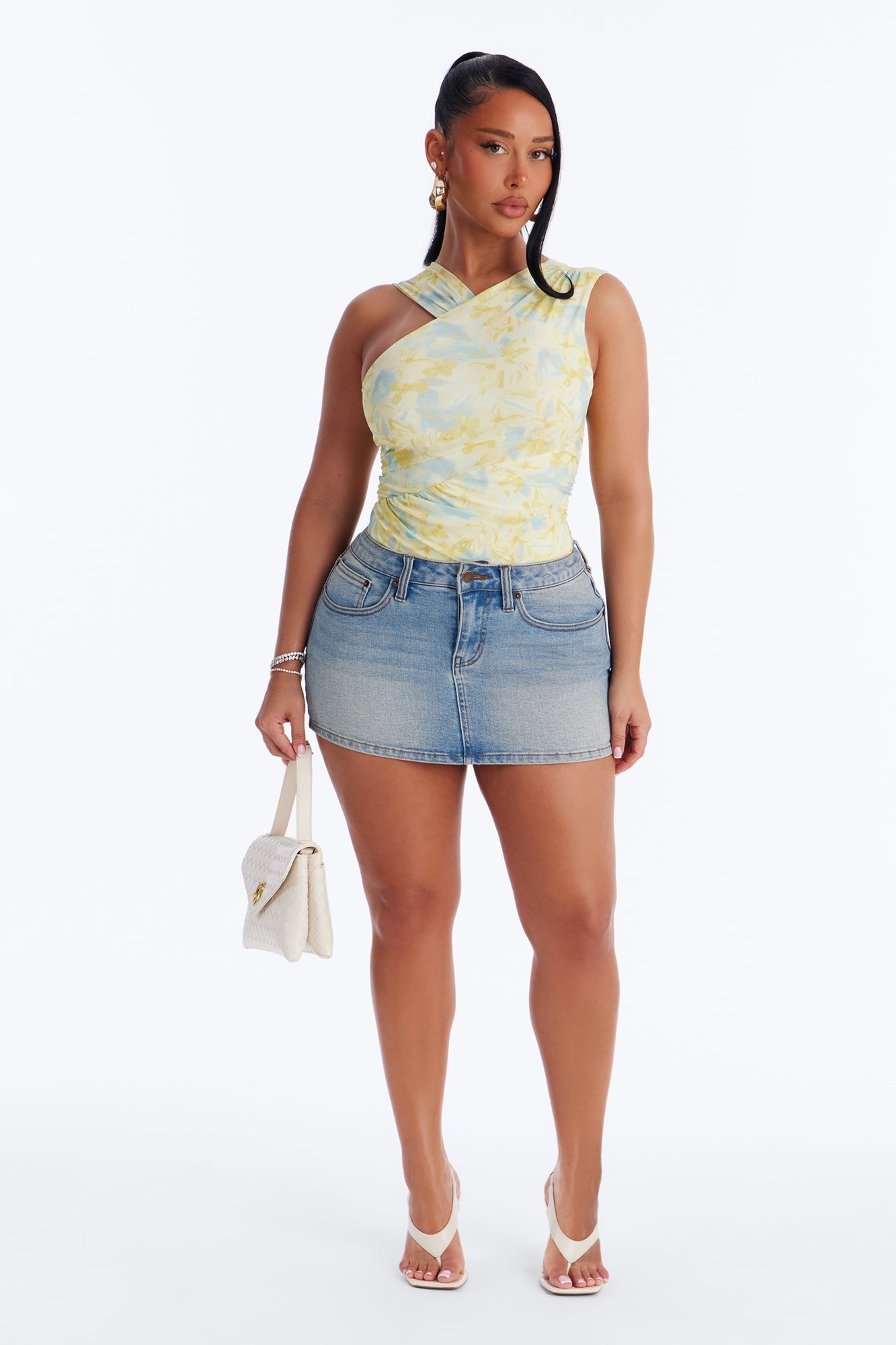 Hailey Floral Sleeveless Ruched Bodysuit - Yellow/combo
